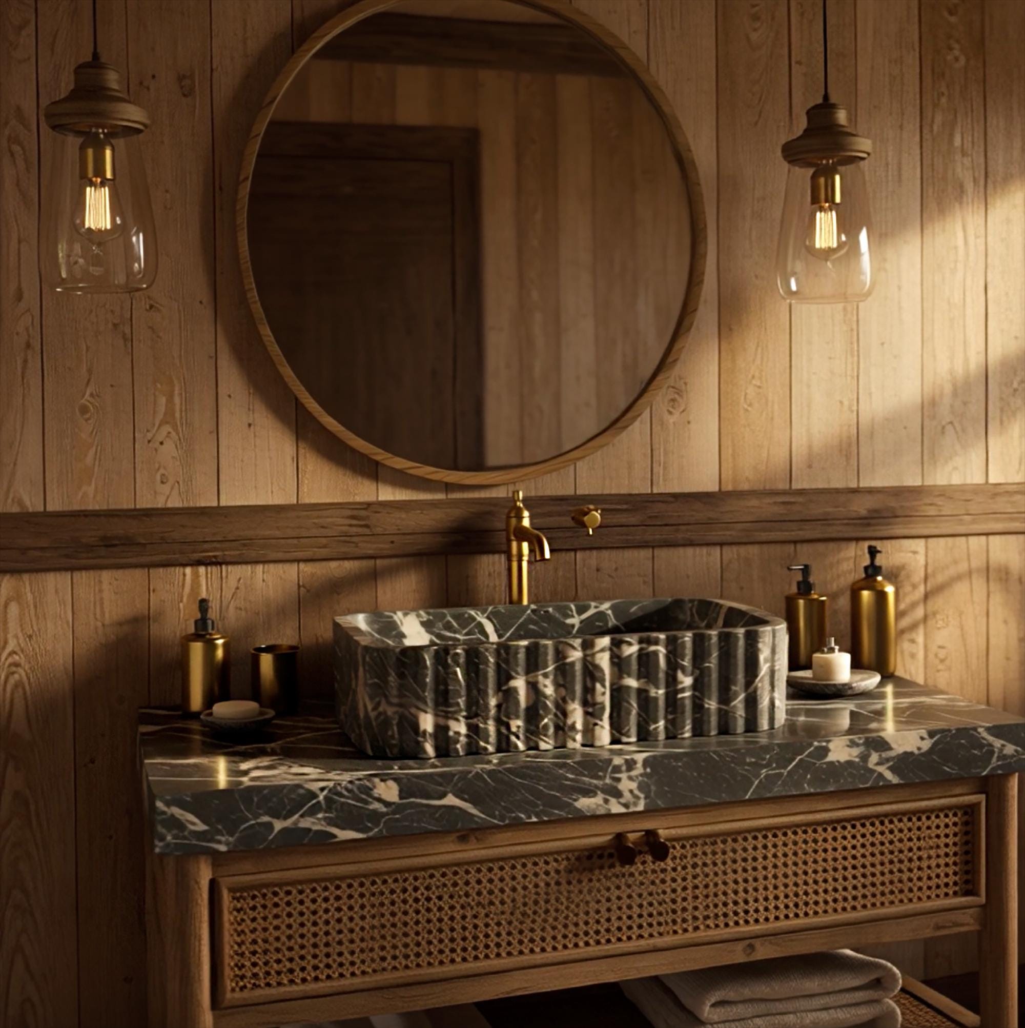 Close-up of a luxury stone vessel on a designer rattan vanity in a wooden bathroom interior.