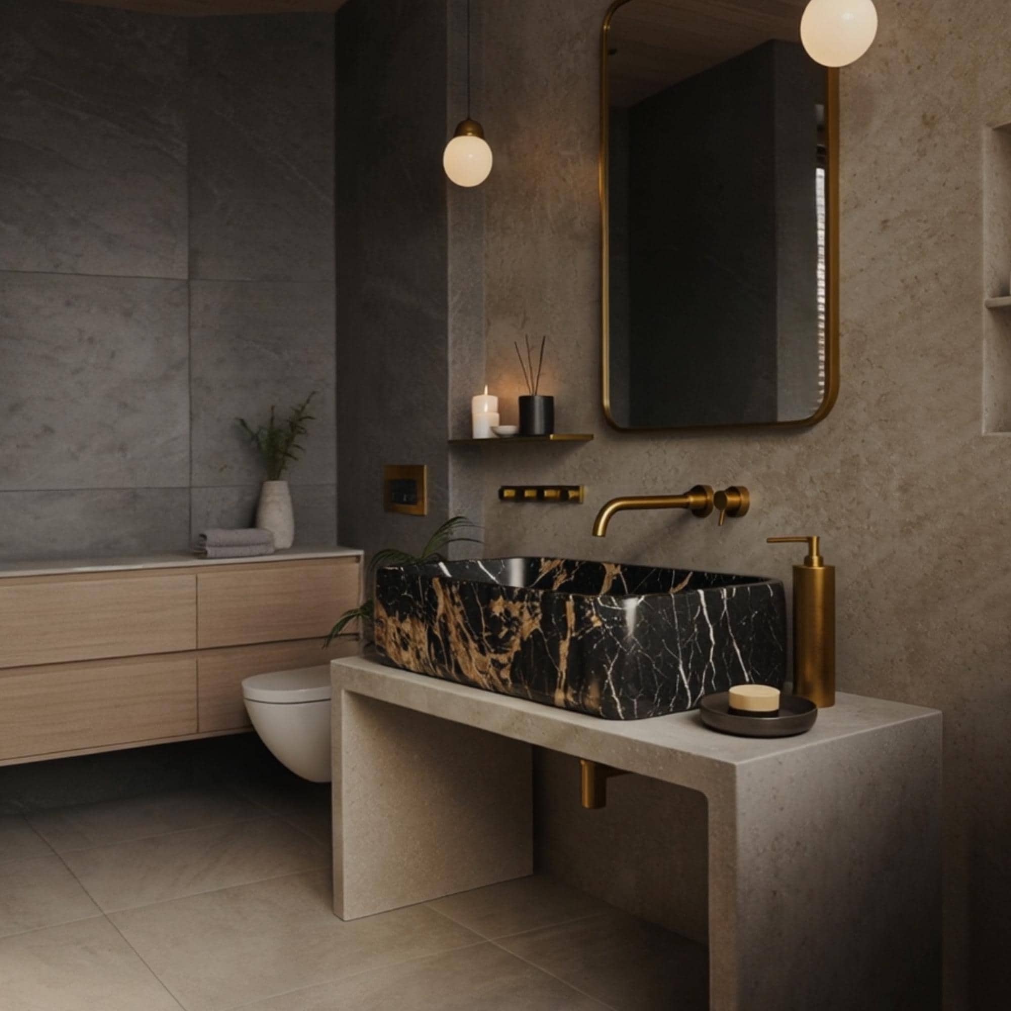 Bold marble washbasin set in a high-end interior with natural light
