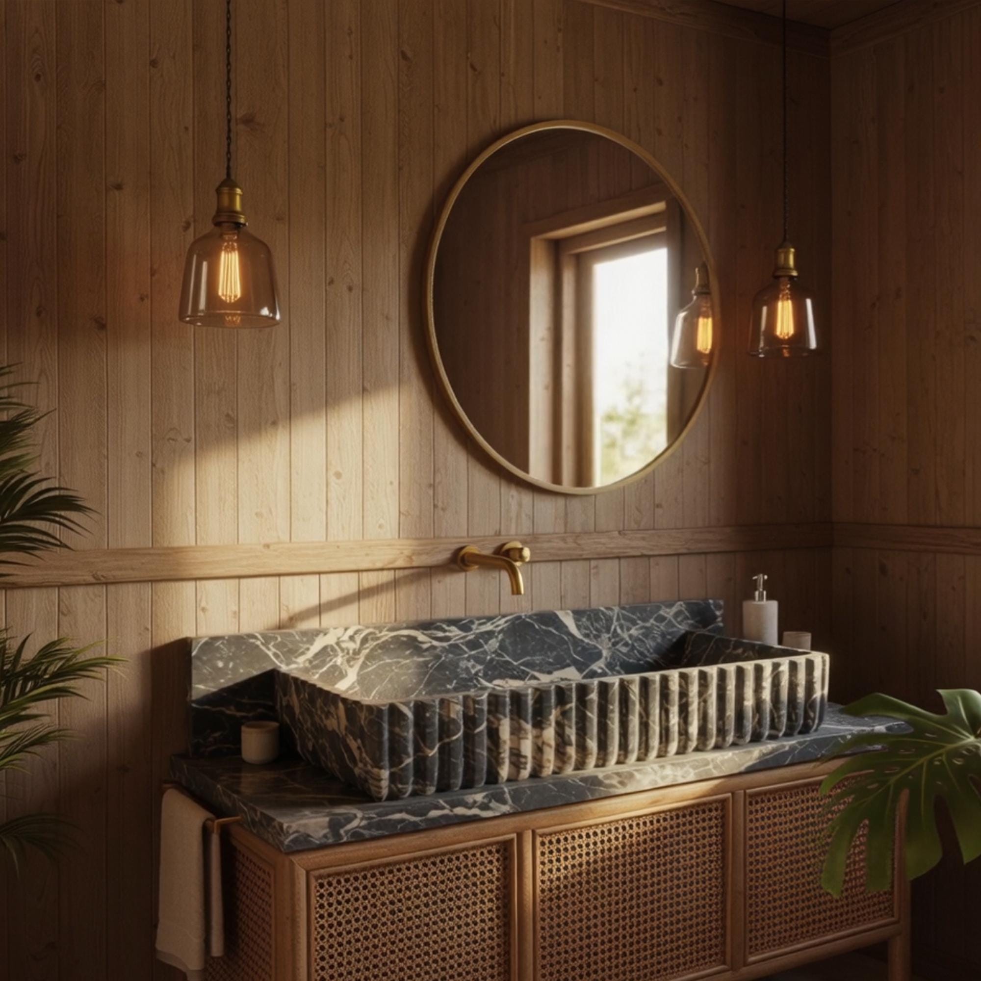 Golden fixtures and organic textures complement the sculptural elegance of the fluted stone sink.