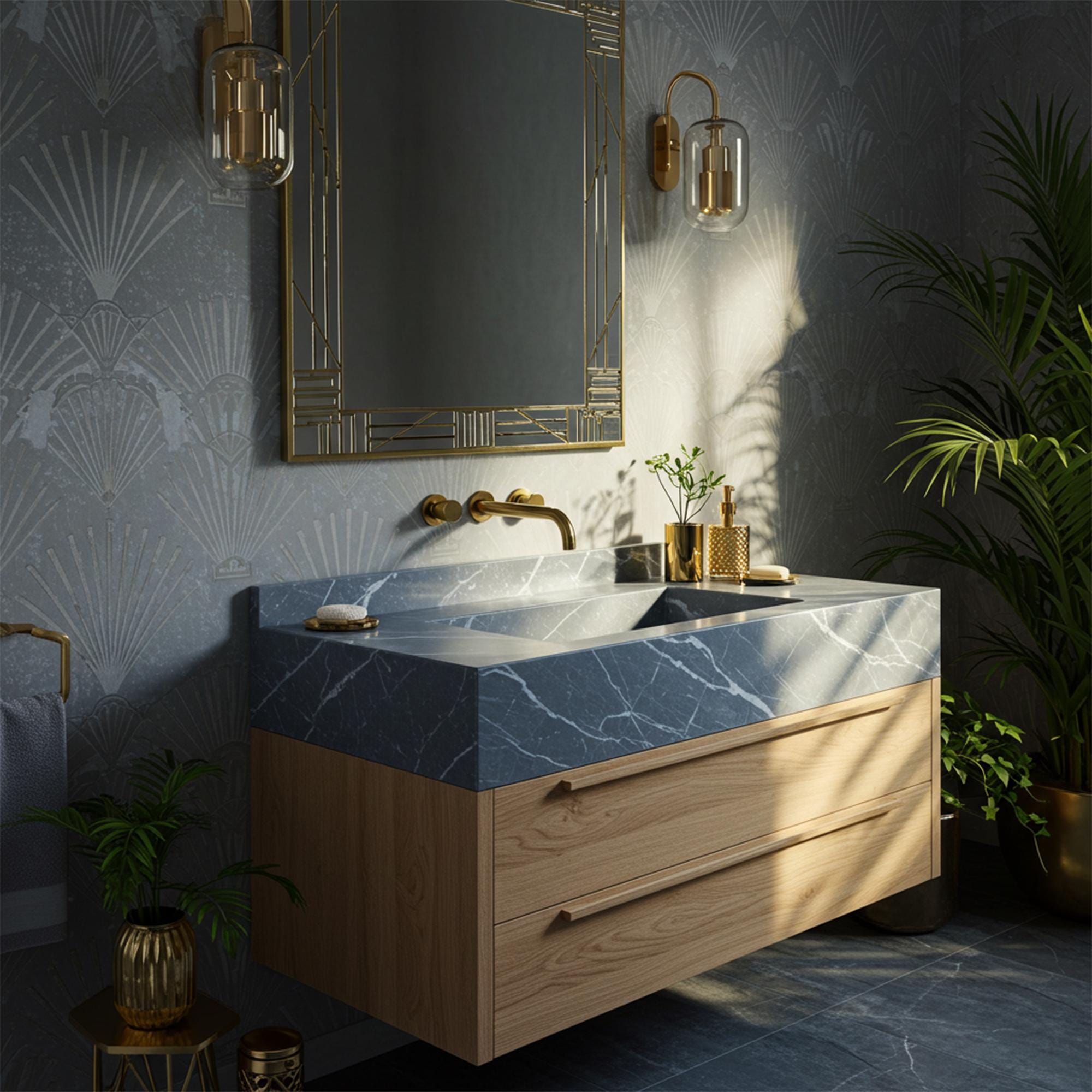 High-end wall-mounted gray stone sink with soft white veining