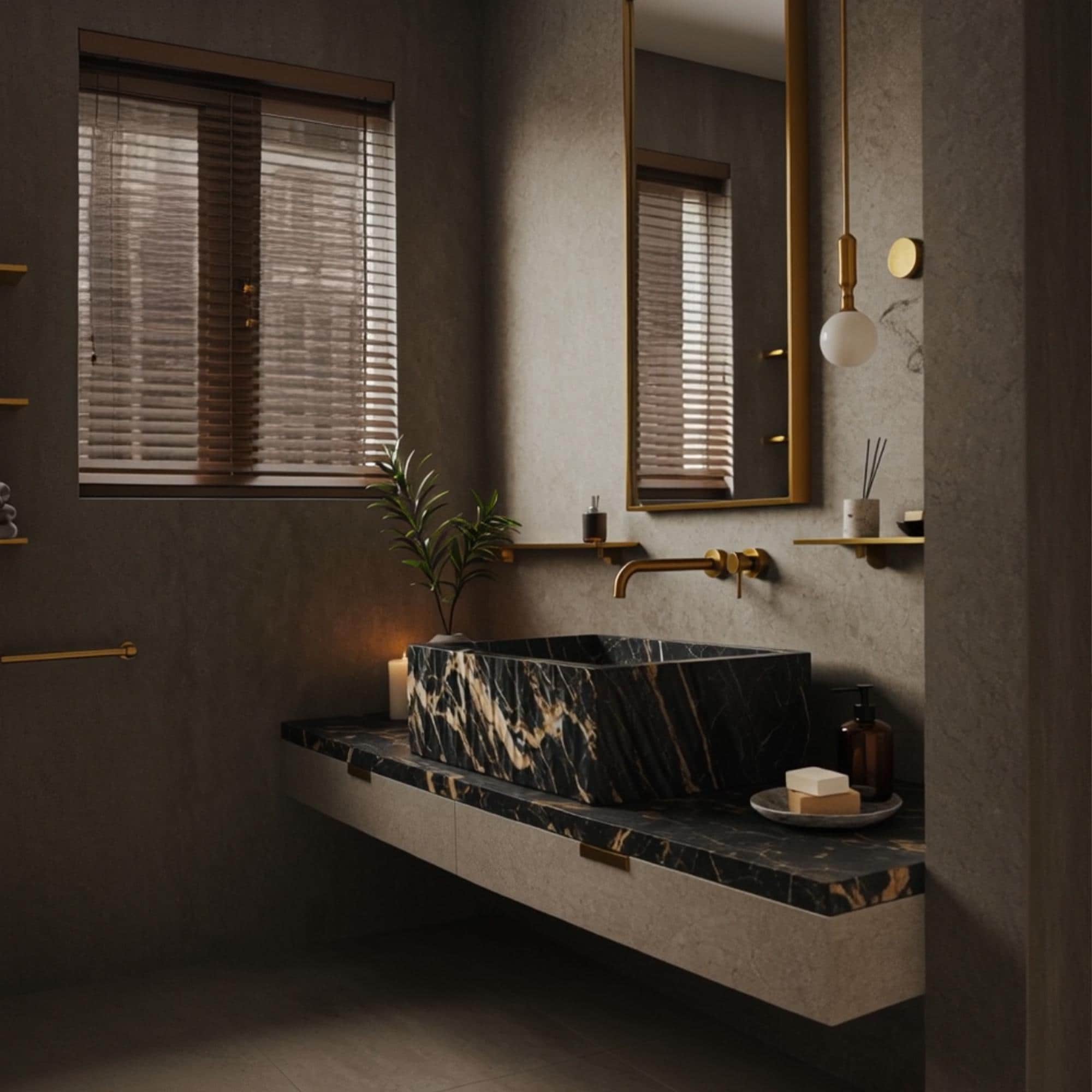 Luxury bathroom featuring black and gold marble sink