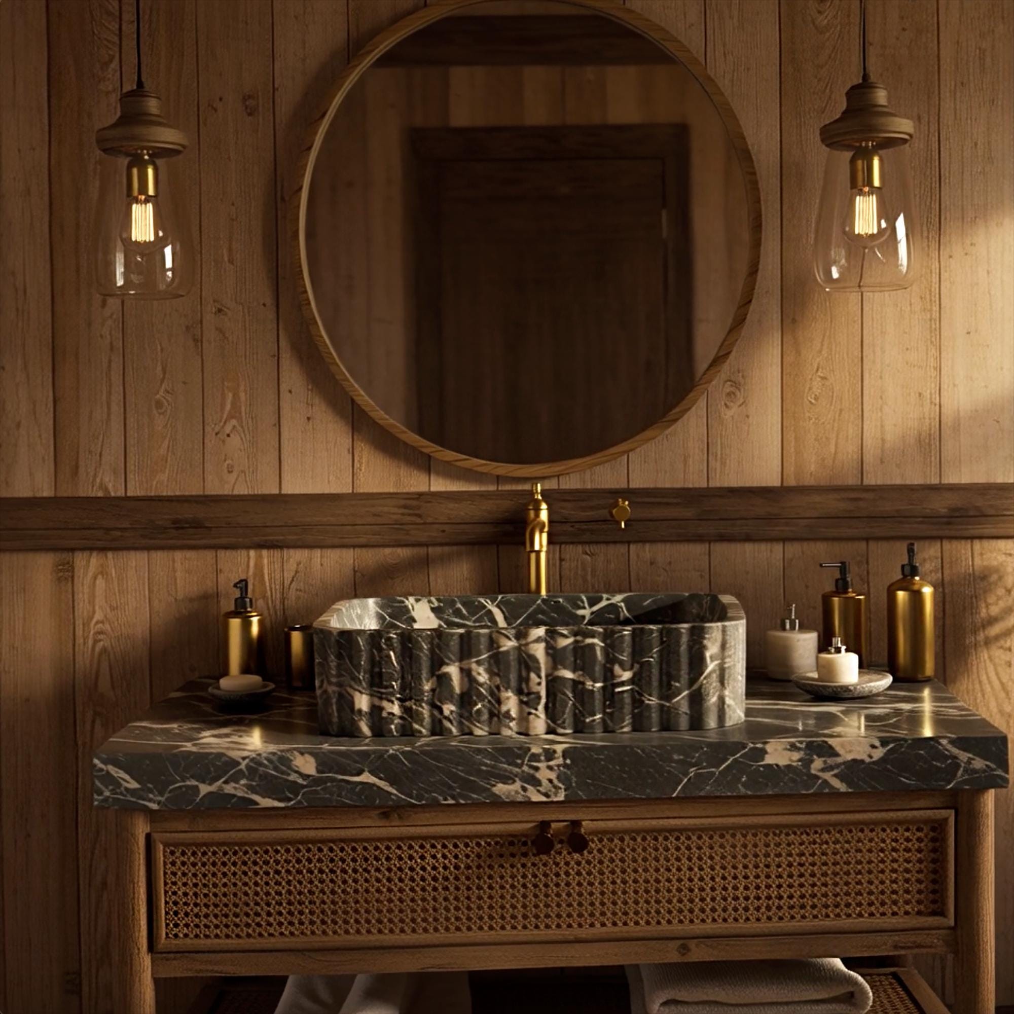 Modern rustic bathroom decor with a fluted marble sink and woven wood cabinetry.