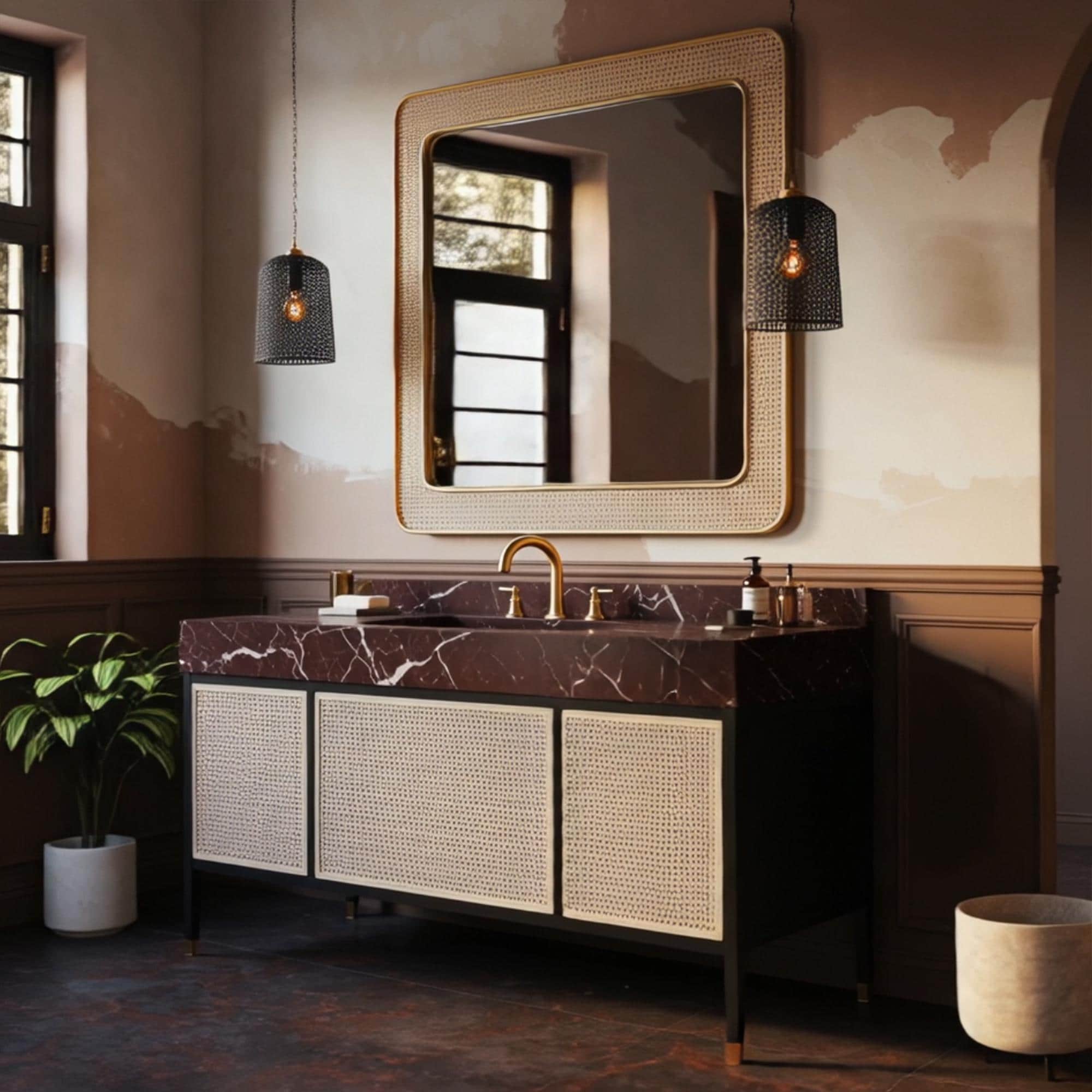 Elegant brass fixtures complement the natural richness of the red stone countertop in this upscale interior.