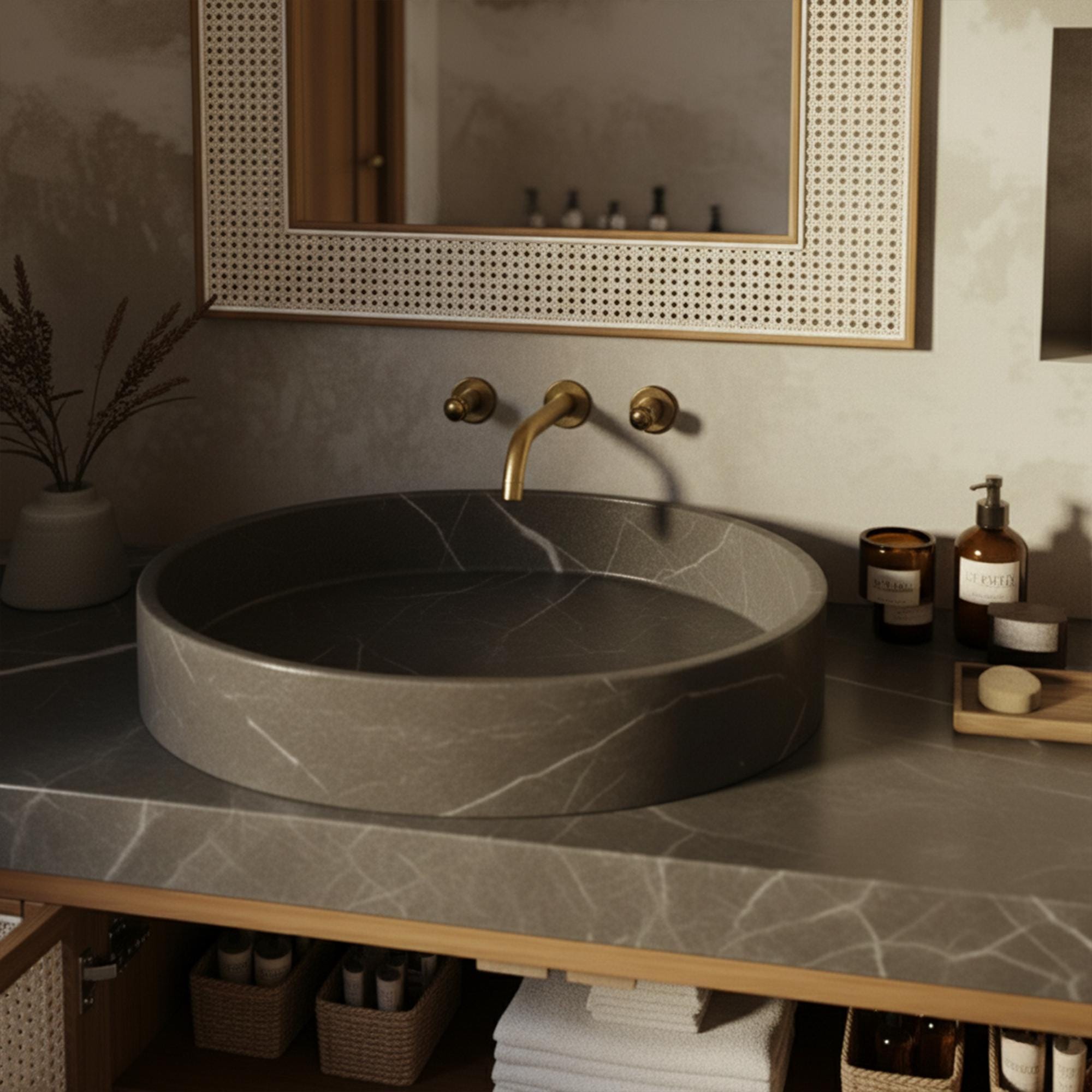 Elegant bathroom vanity with Silver Mist marble bowl and brass faucet