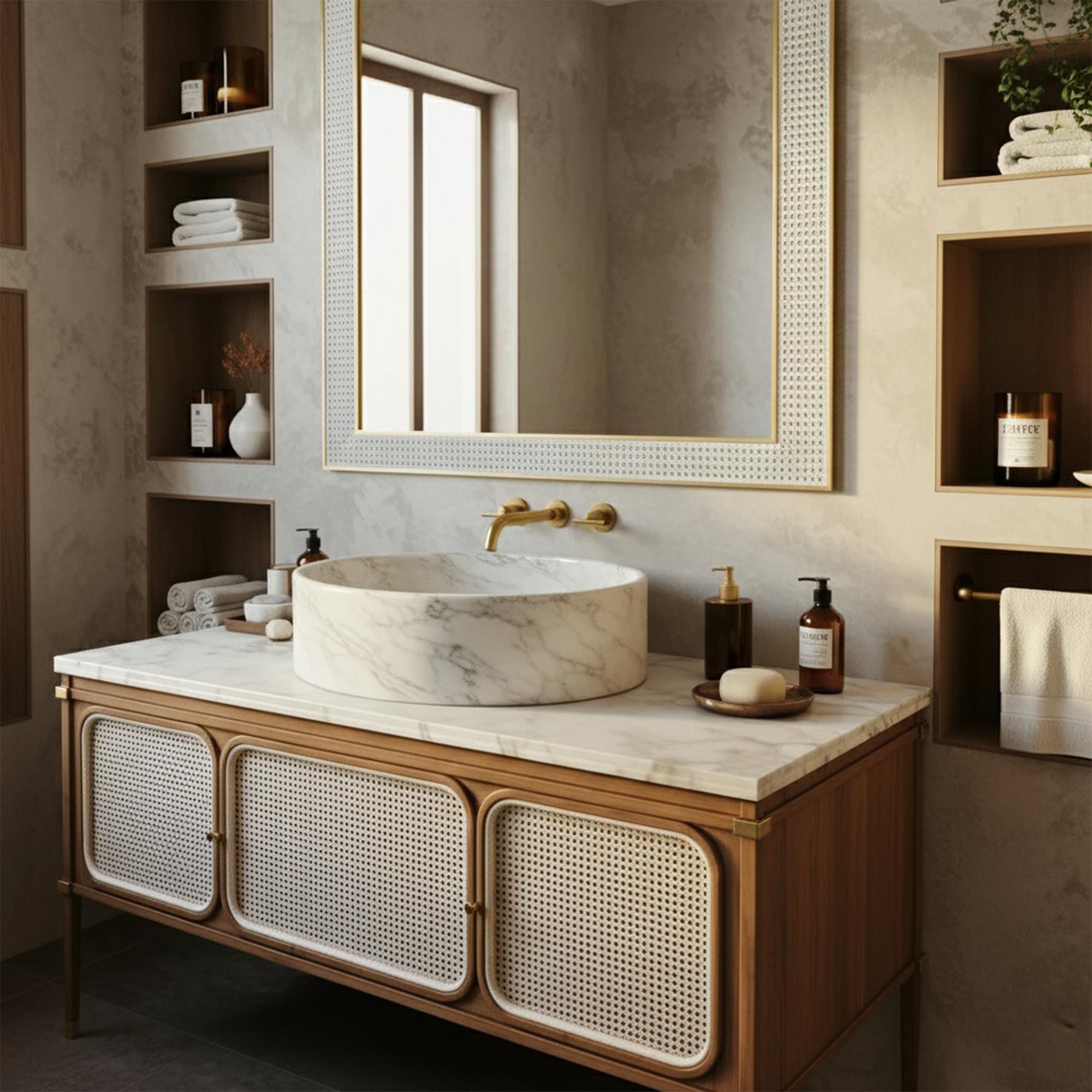 The luxurious white marble sink paired with golden brass fixtures creates a serene and elegant powder room setting.