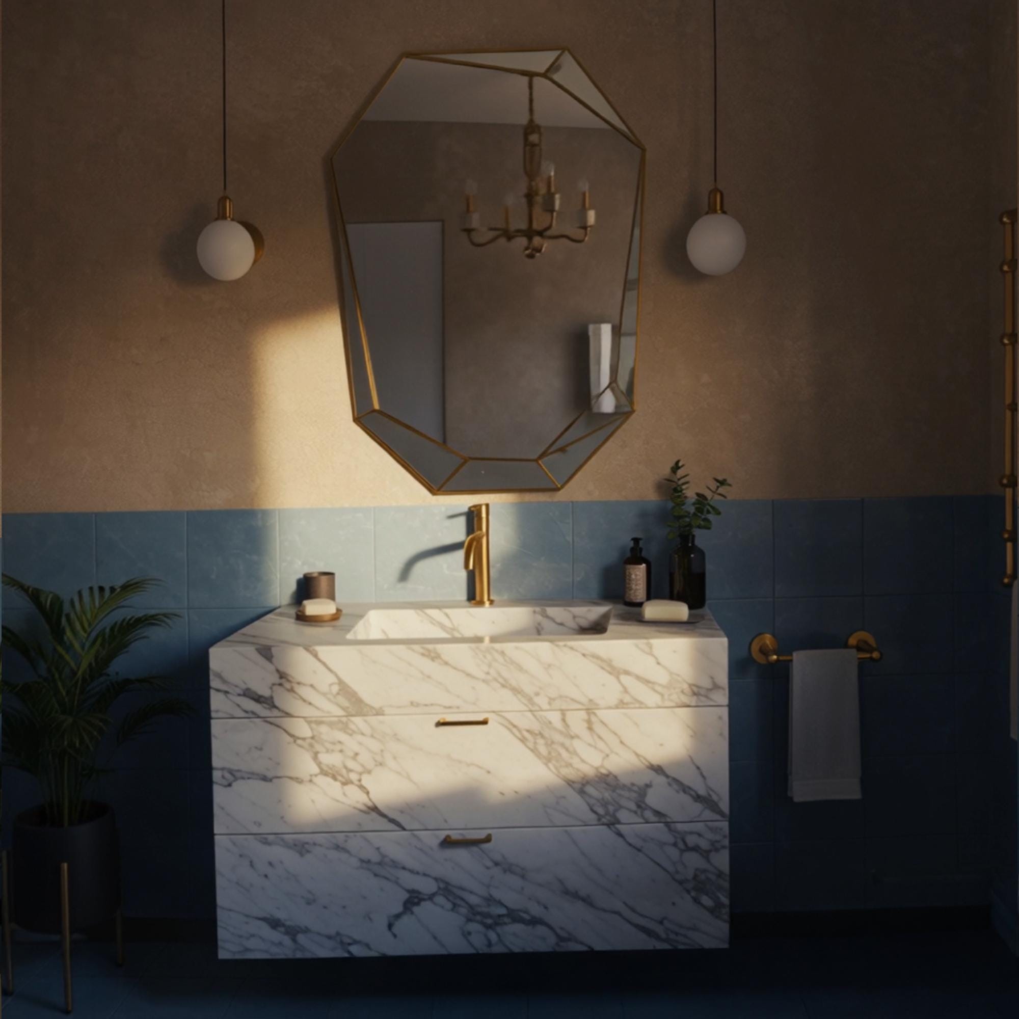 Elegant bathroom sink with Carrara stone and brass fixtures