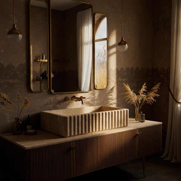 Fluted Beige Marble Sink on Matching Stone Vanity M2F028 hover