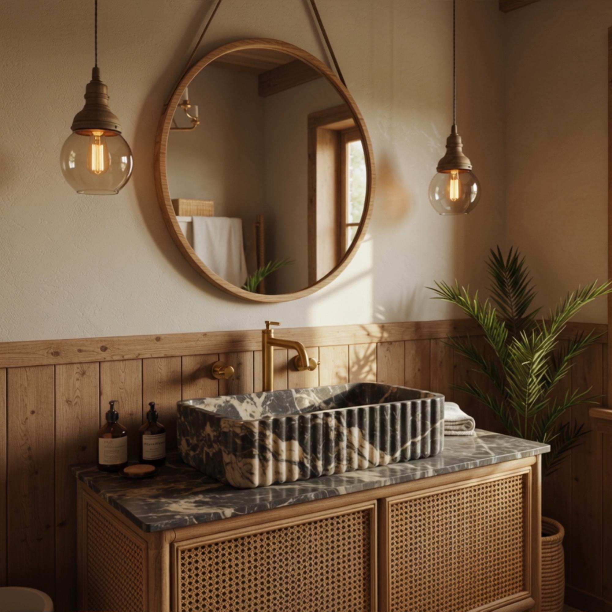 A custom-designed bathroom vanity showcases a handcrafted marble basin with elegant vertical fluting.
