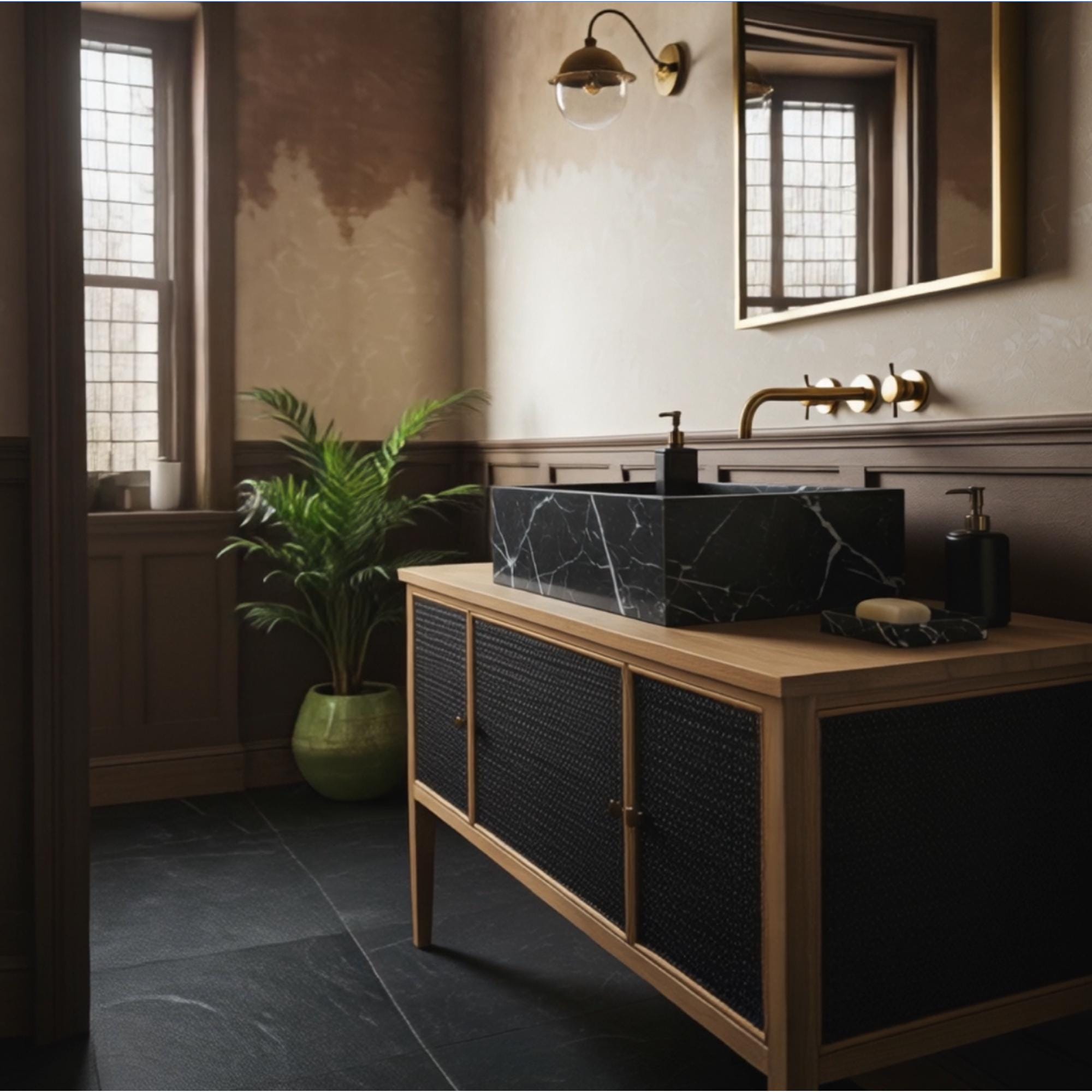 Pietre Notte stone sink with gold wall faucet