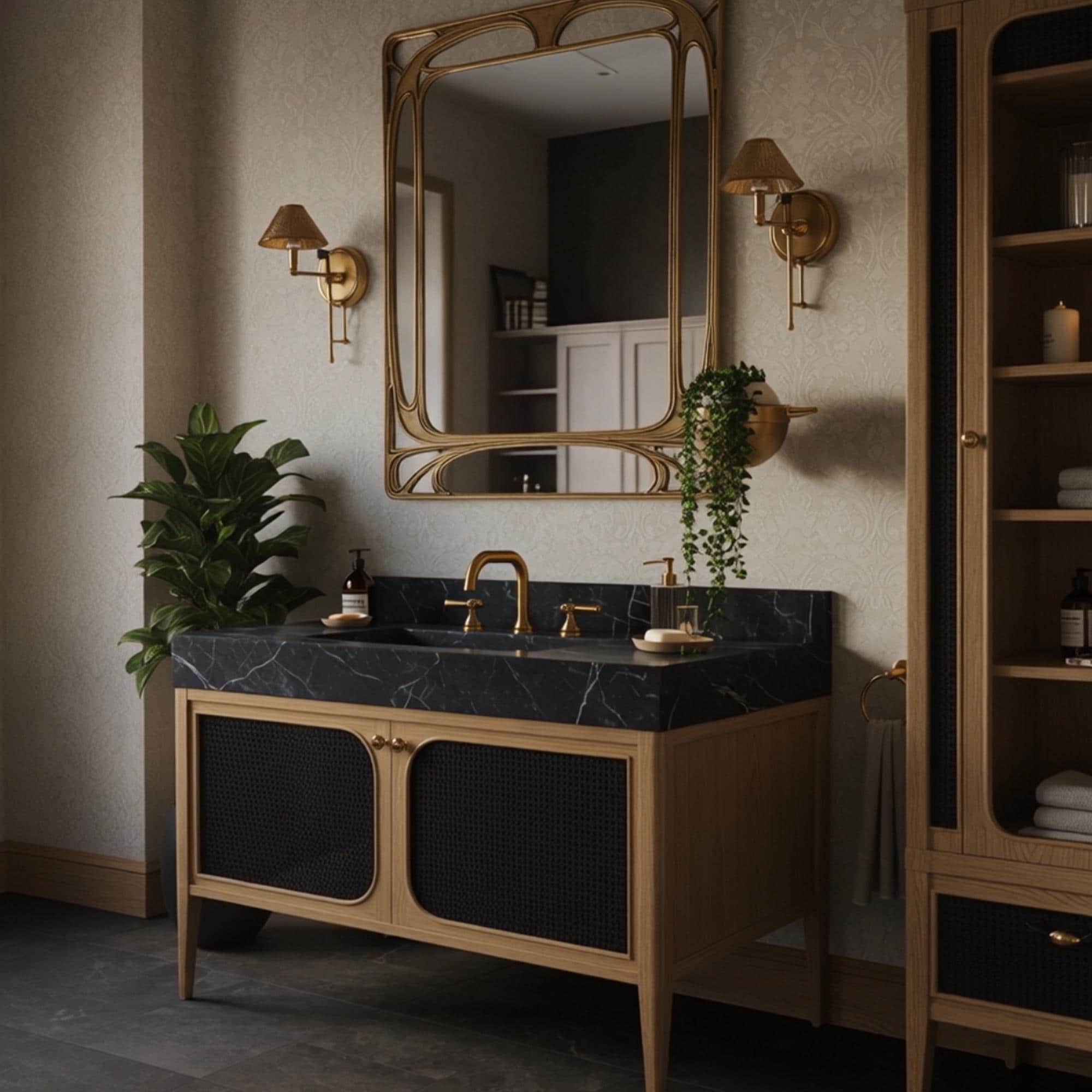 A refined mix of textures combines in this high-end vanity, blending marble stone with curved oak wood framing.