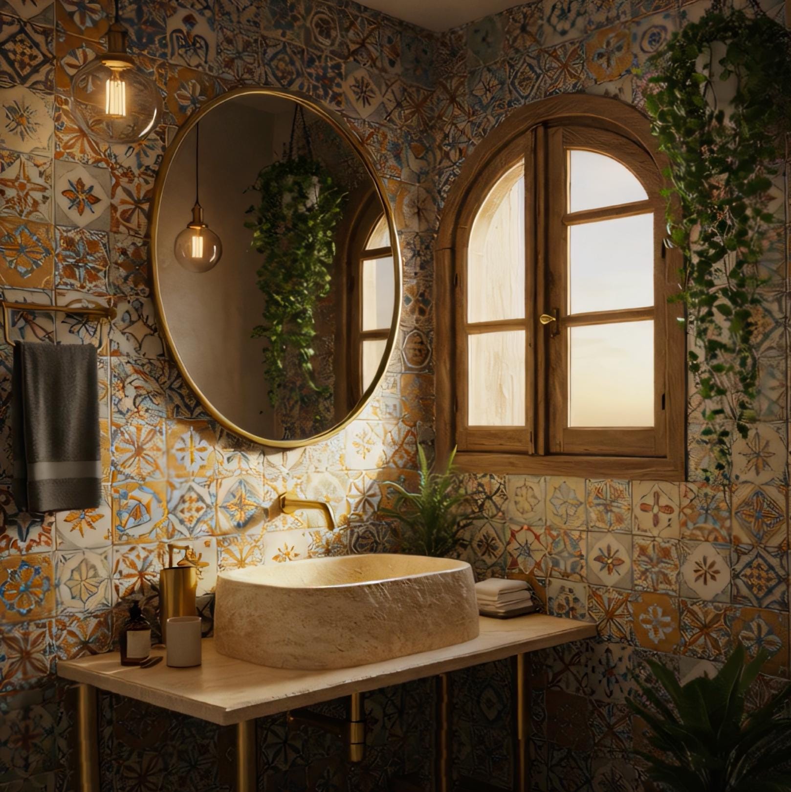 Captured here is an elegant travertine vanity sink that blends classic craftsmanship with rustic charm.