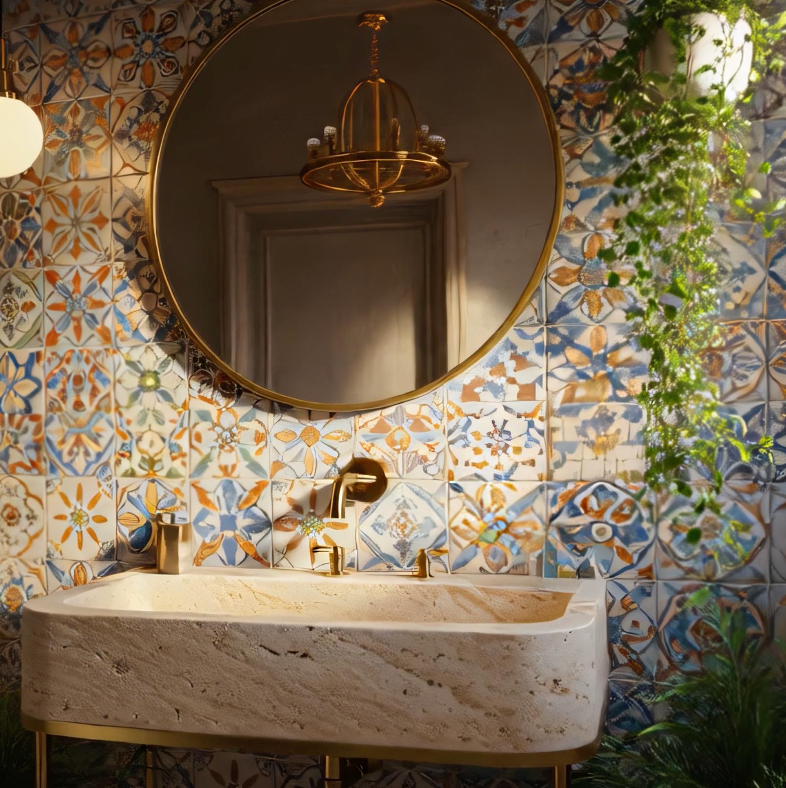 A bathroom sink made from solid travertine pairs beautifully with golden metal hardware.