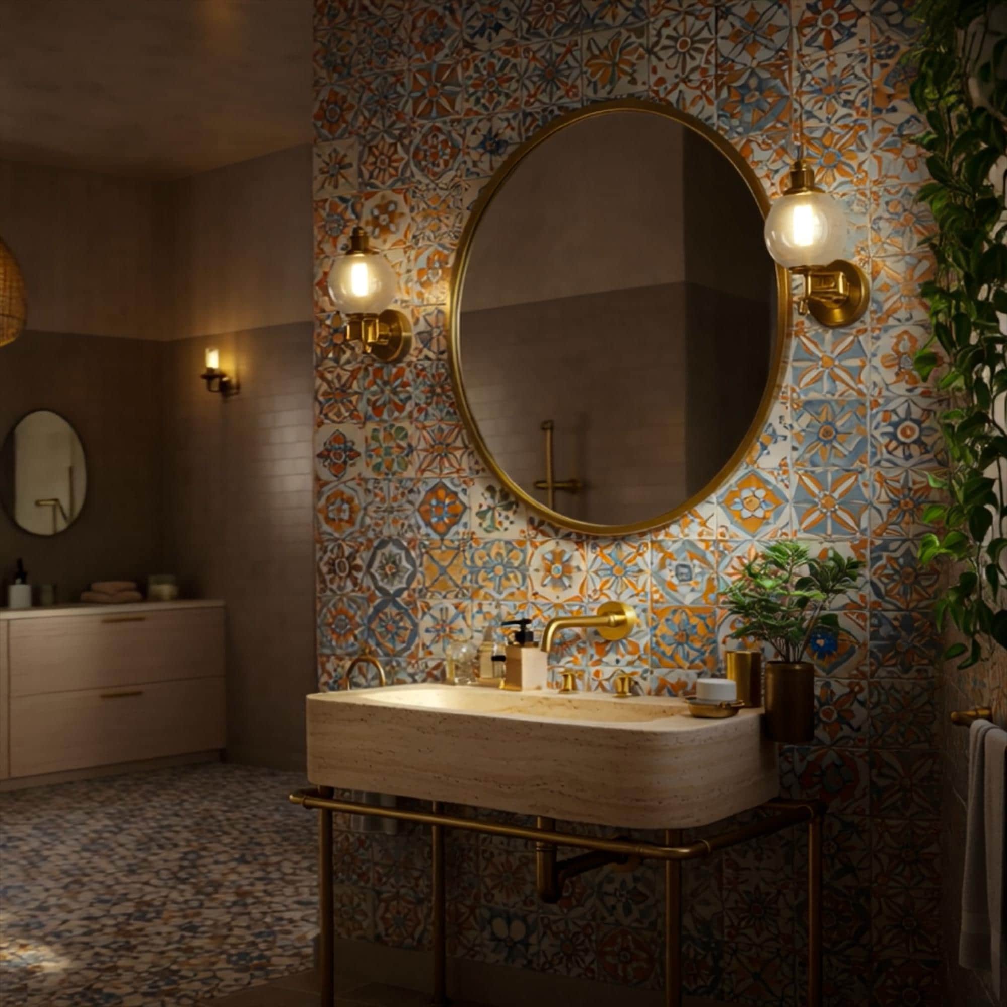 Handcrafted bathroom vanity with a smooth travertine sink and brushed gold fixtures.