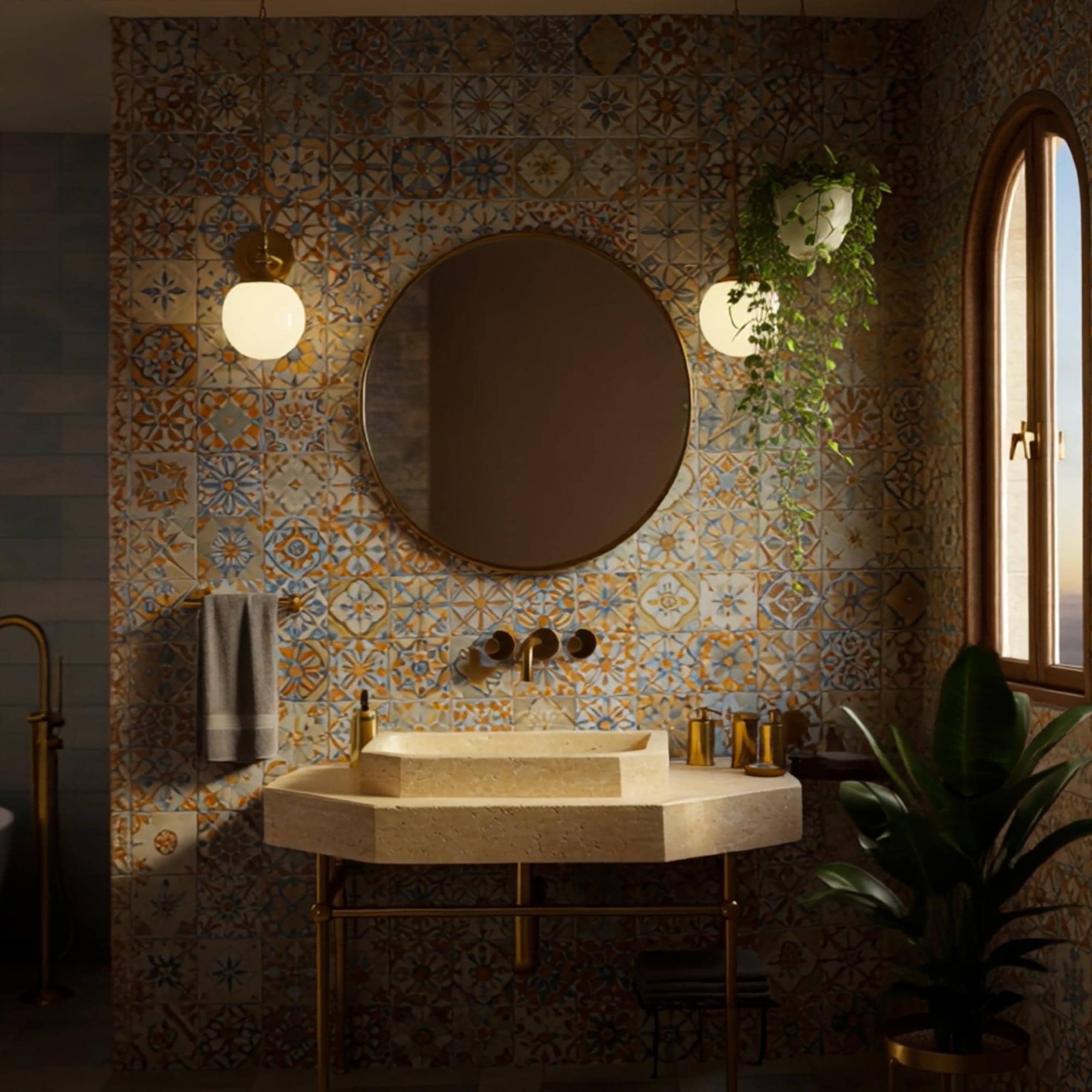 A luxurious travertine sink with integrated stone counter, mounted against a patterned tile wall.