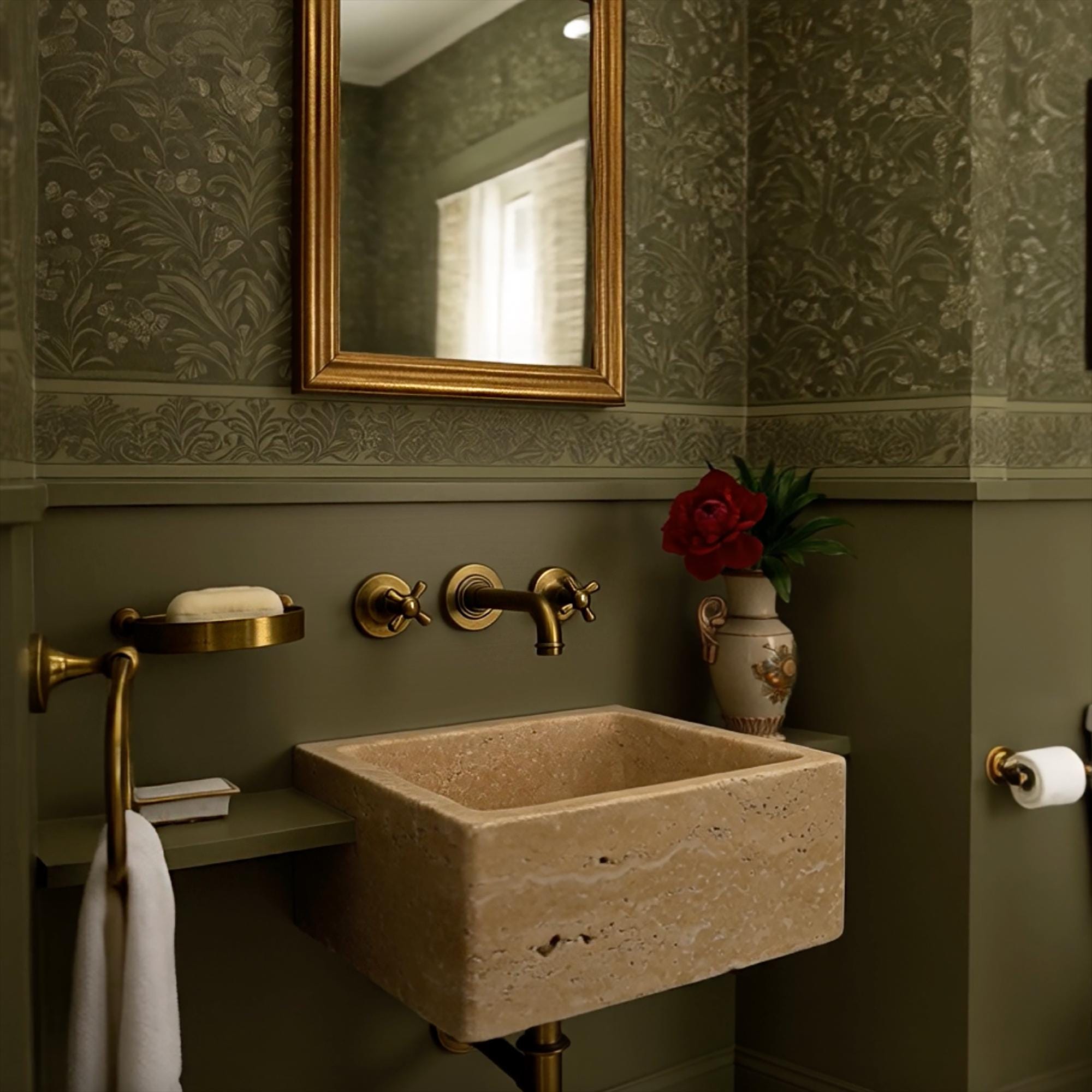 A natural stone sink with soft beige veining, mounted on the wall with antique brass fittings.