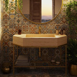 Natural travertine bathroom sink with warm tones and metal base