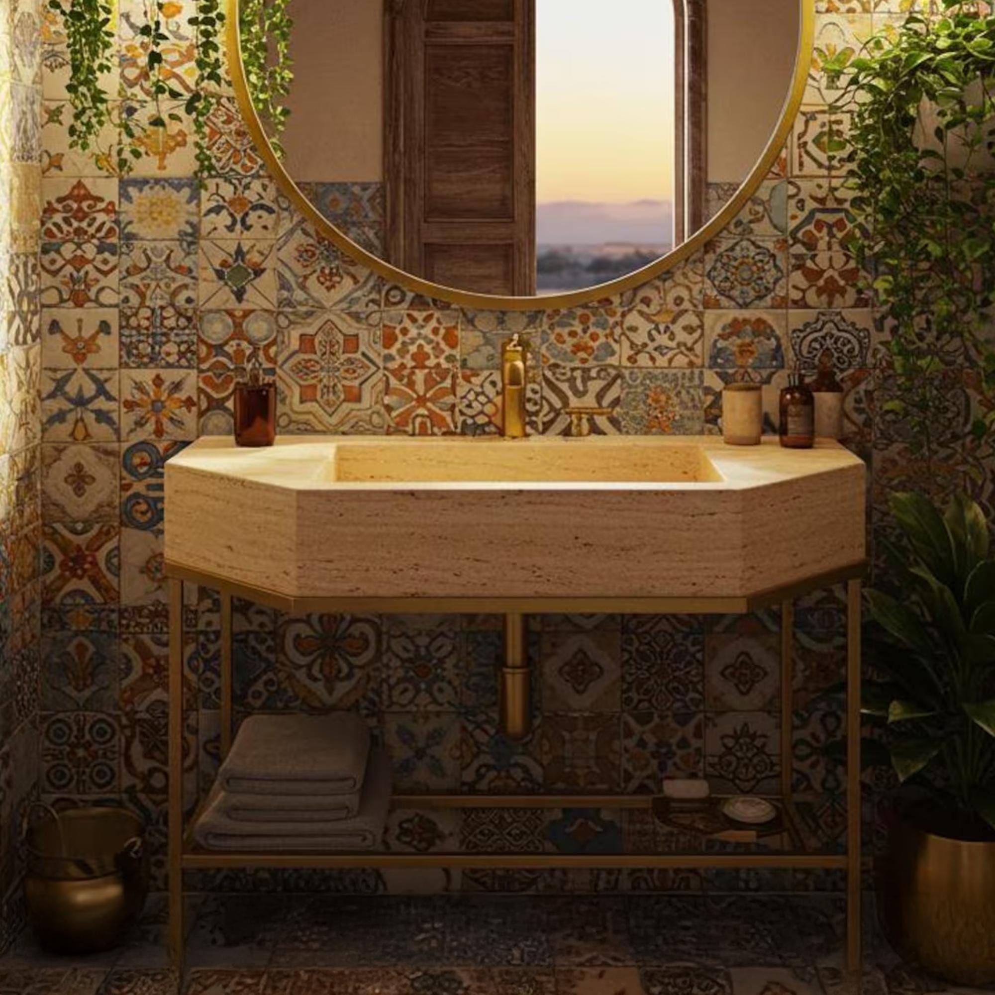 Natural travertine bathroom sink with warm tones and metal base