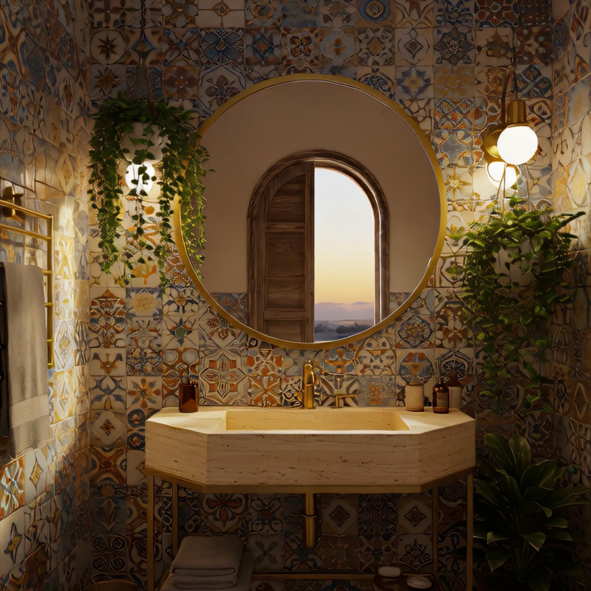 Earth-toned travertine vanity sink with minimalist design