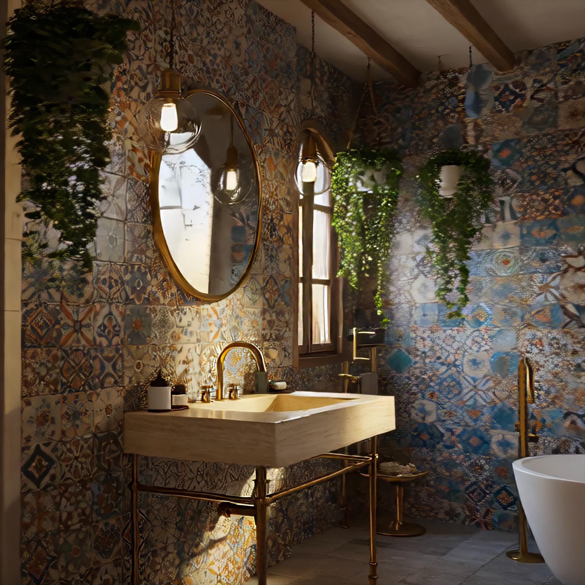 Handmade travertine sink with rustic brass legs against patterned tile wall