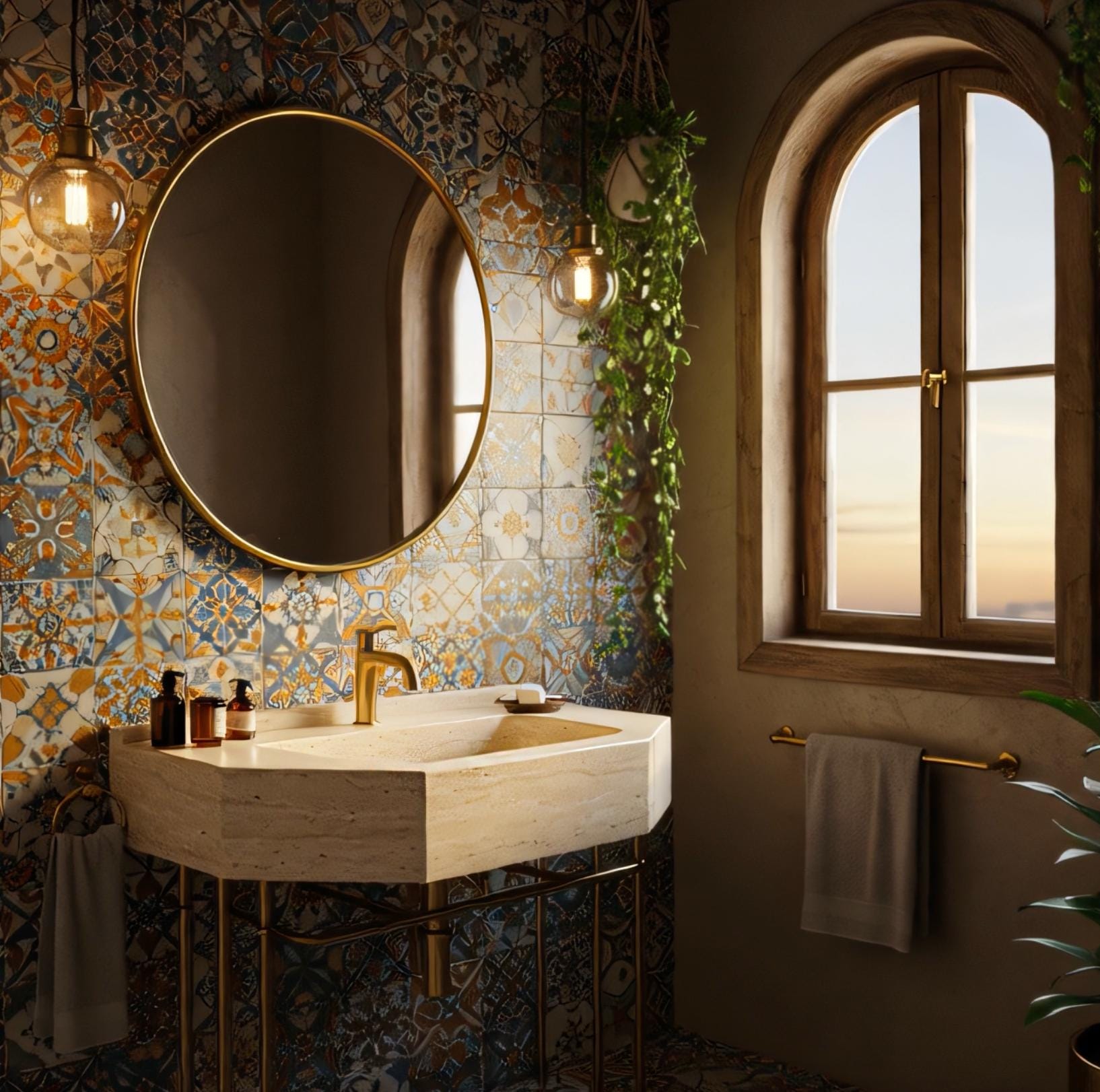 Natural stone basin with geometric cut and luxury brass frame