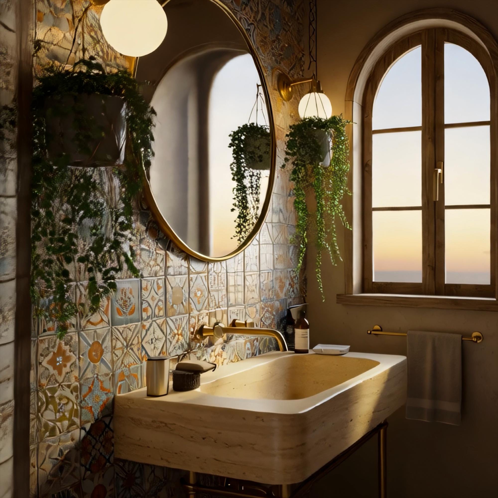 An upscale rustic bathroom vanity with natural stone texture and vintage wall tiles.