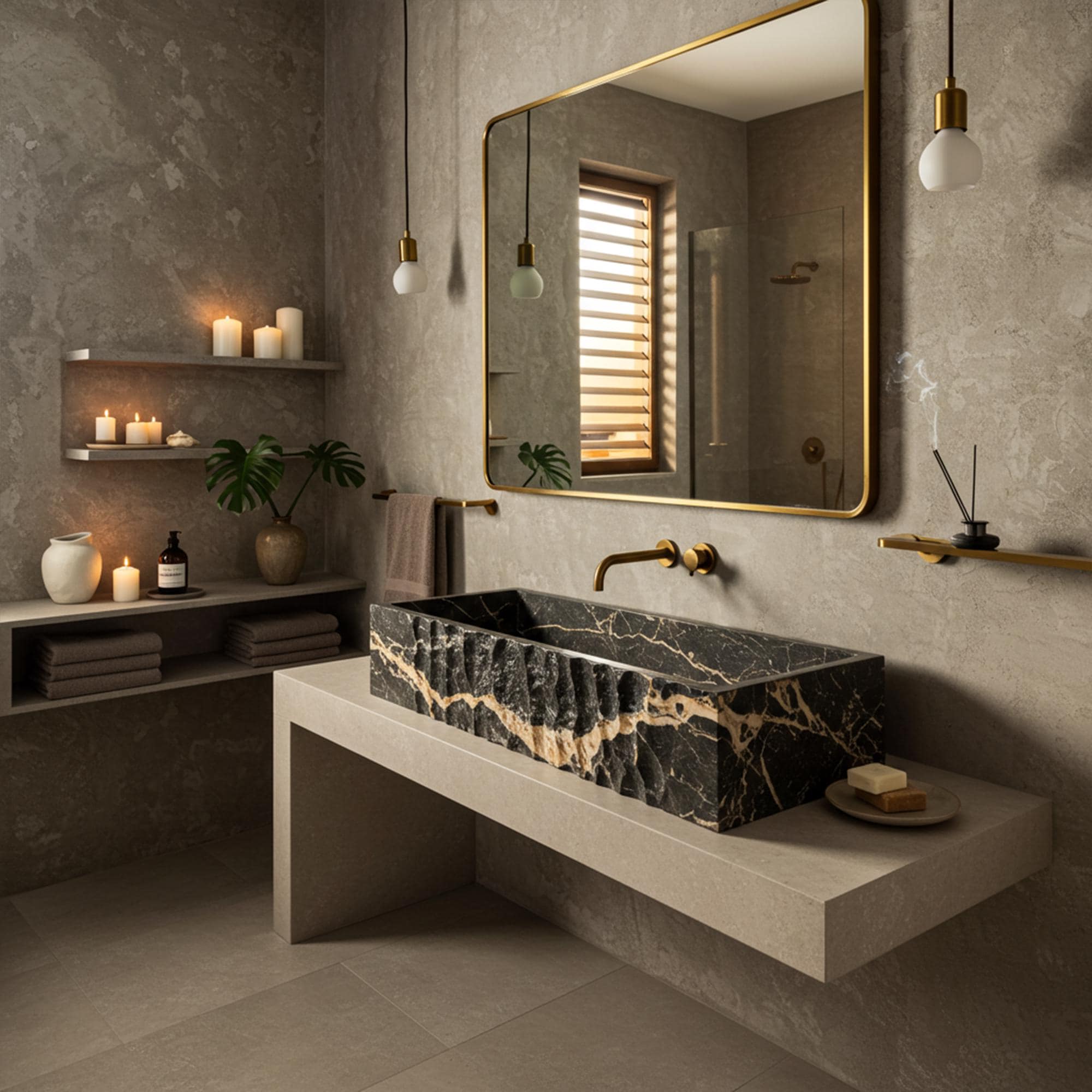 Luxury textured marble basin in modern bathroom