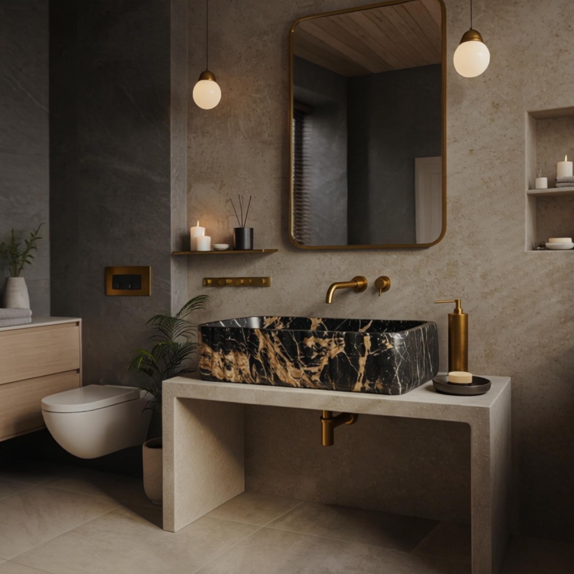 Designer bathroom vanity with Picasso stone sink and brass faucet