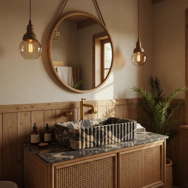 Fluted Picasso Marble Sink with Cane Wood Vanity M2F51 hover