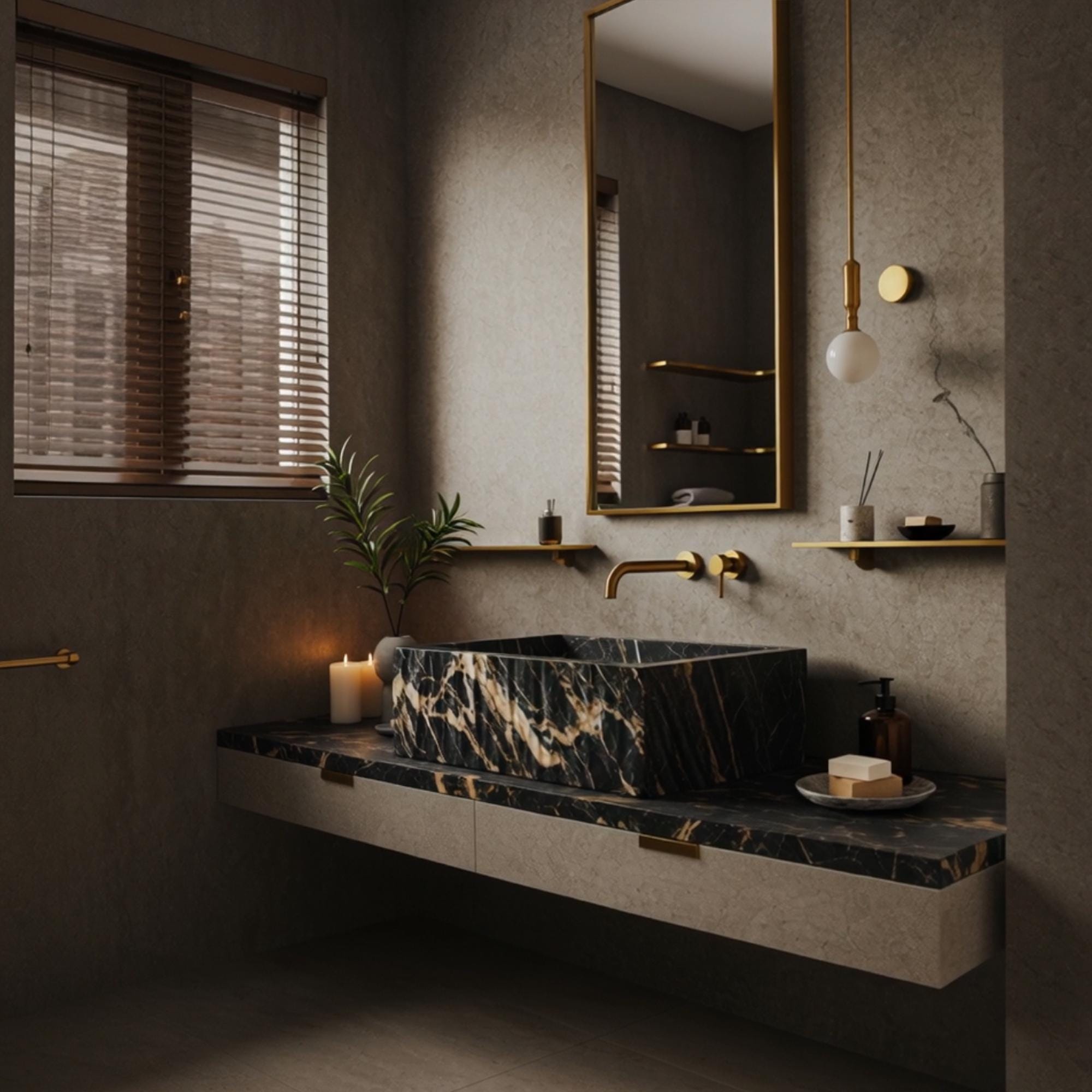 Elegant black marble sink centerpiece in high-end bathroom