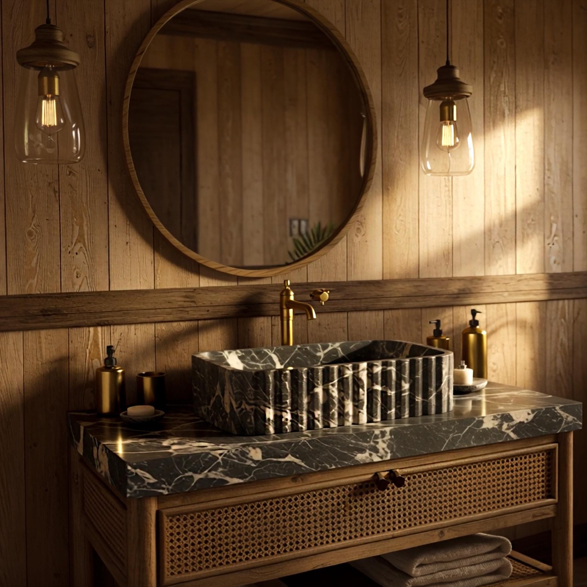 Textured marble basin with bold white veining placed on a custom wooden console.