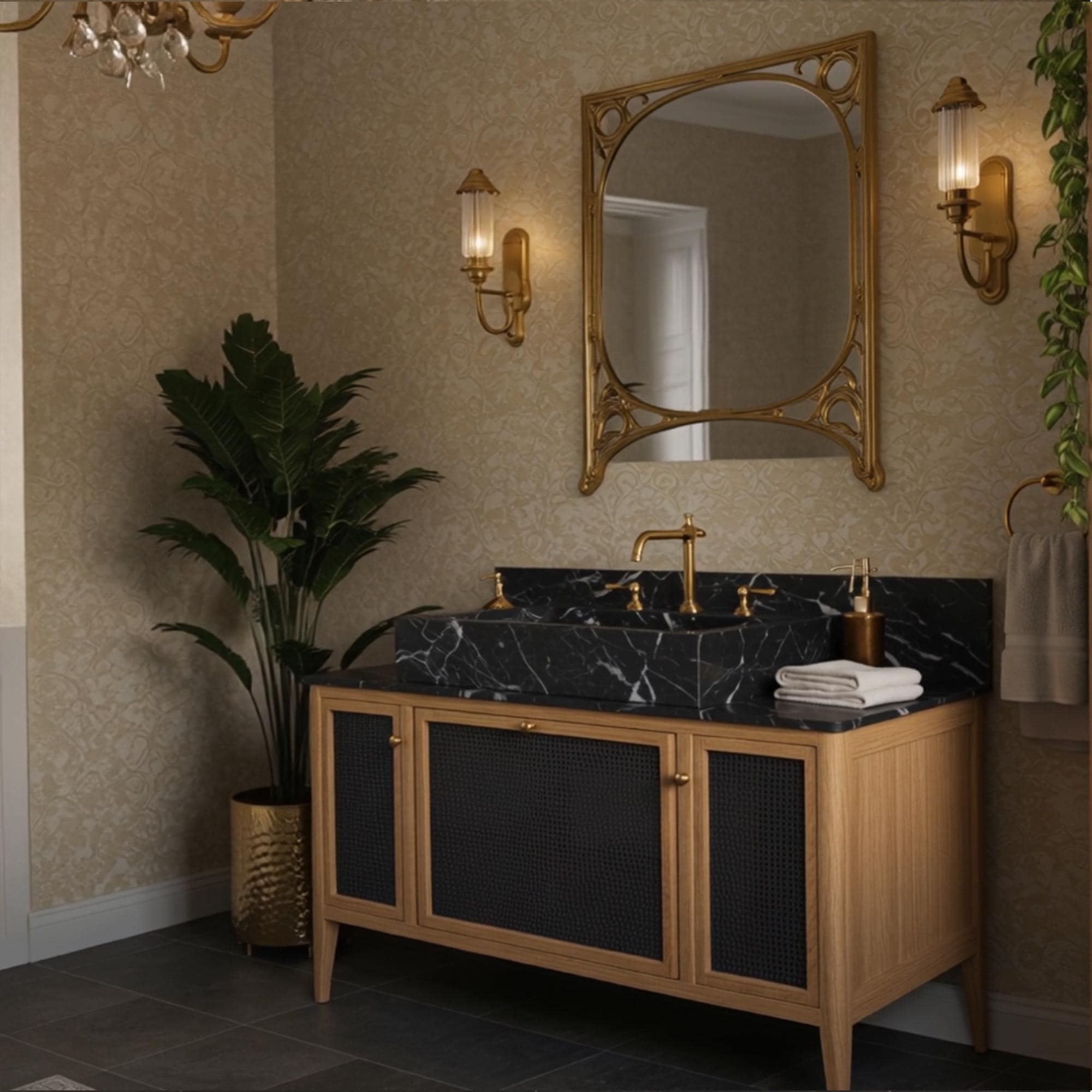Rich black marble with white veining creates a bold, elegant focal point in this upscale bathroom.