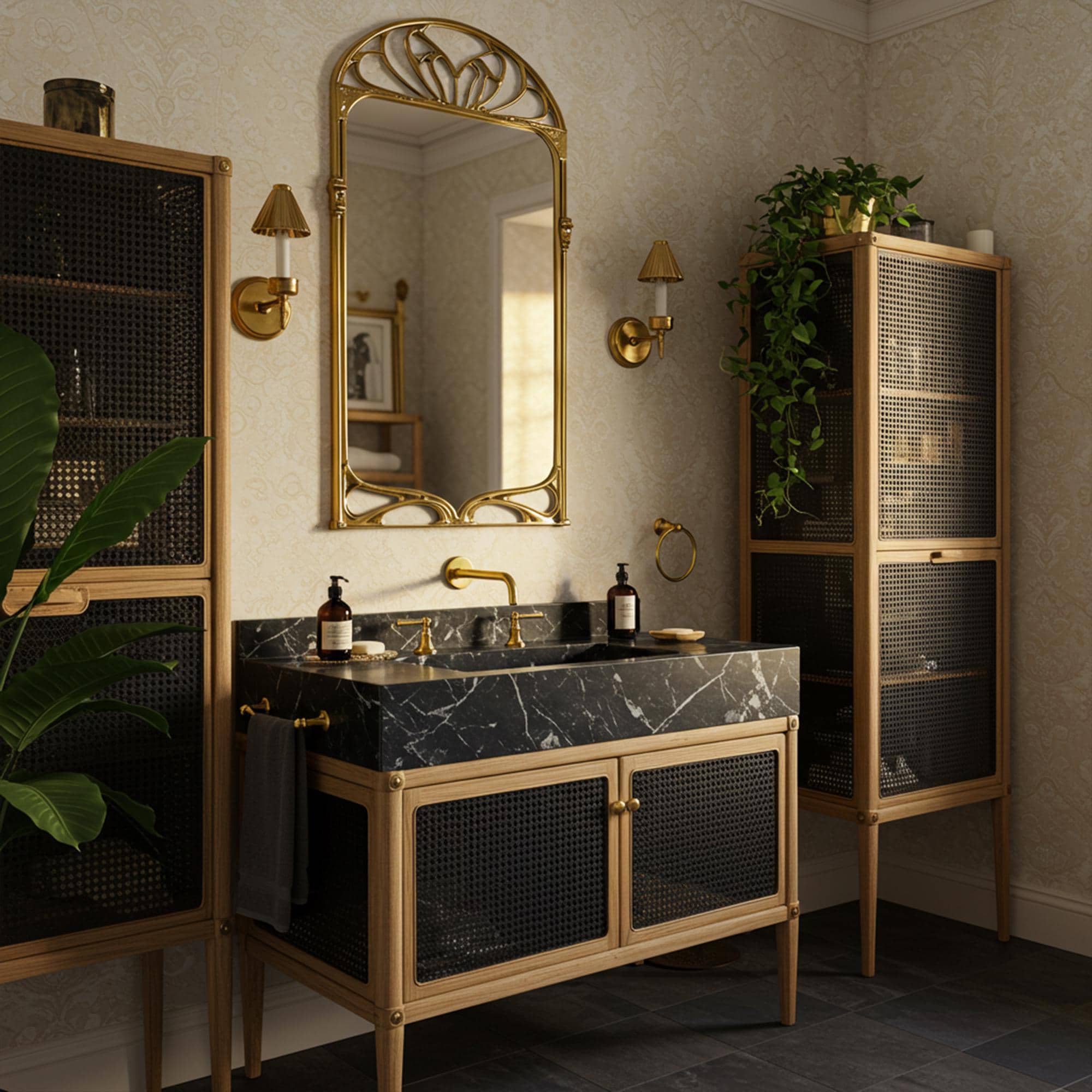 Pietre Notte marble vanity with wooden base