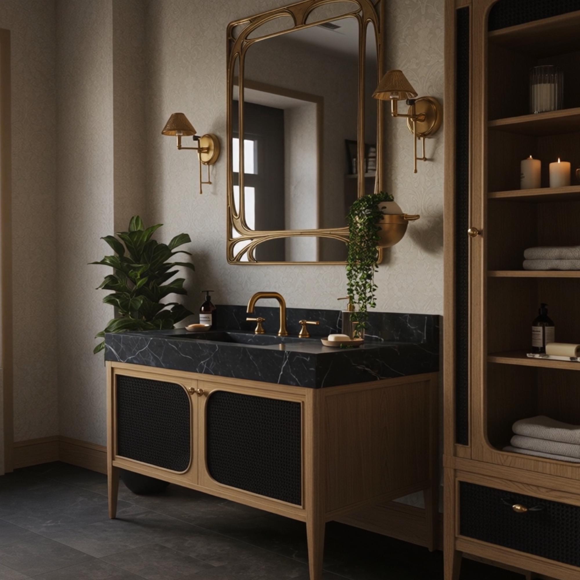 A modern vanity unit showcasing timeless materials—Pietre Notte marble, curved oak wood, and rattan-inspired doors.