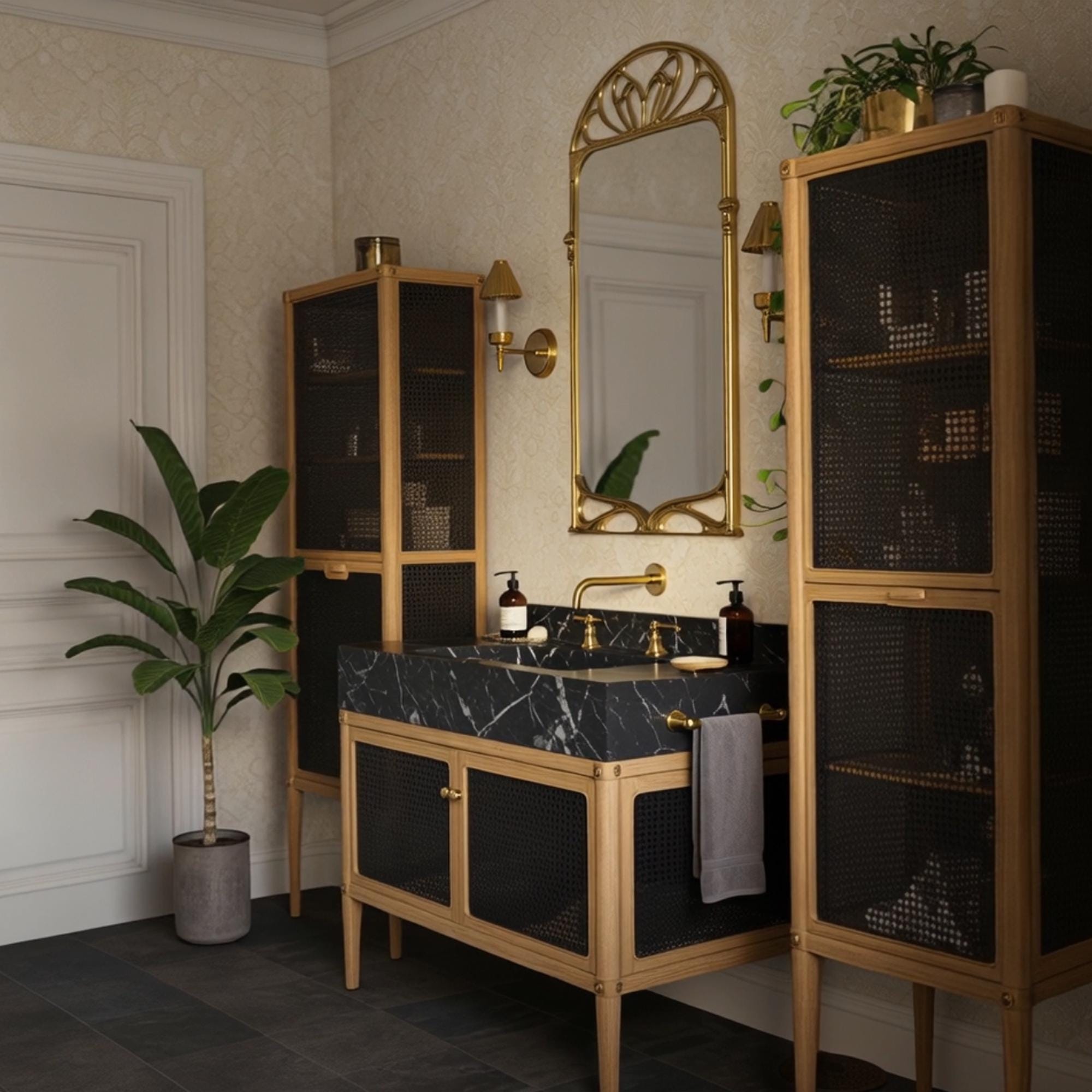 Elegant stone bathroom vanity with brass fixtures