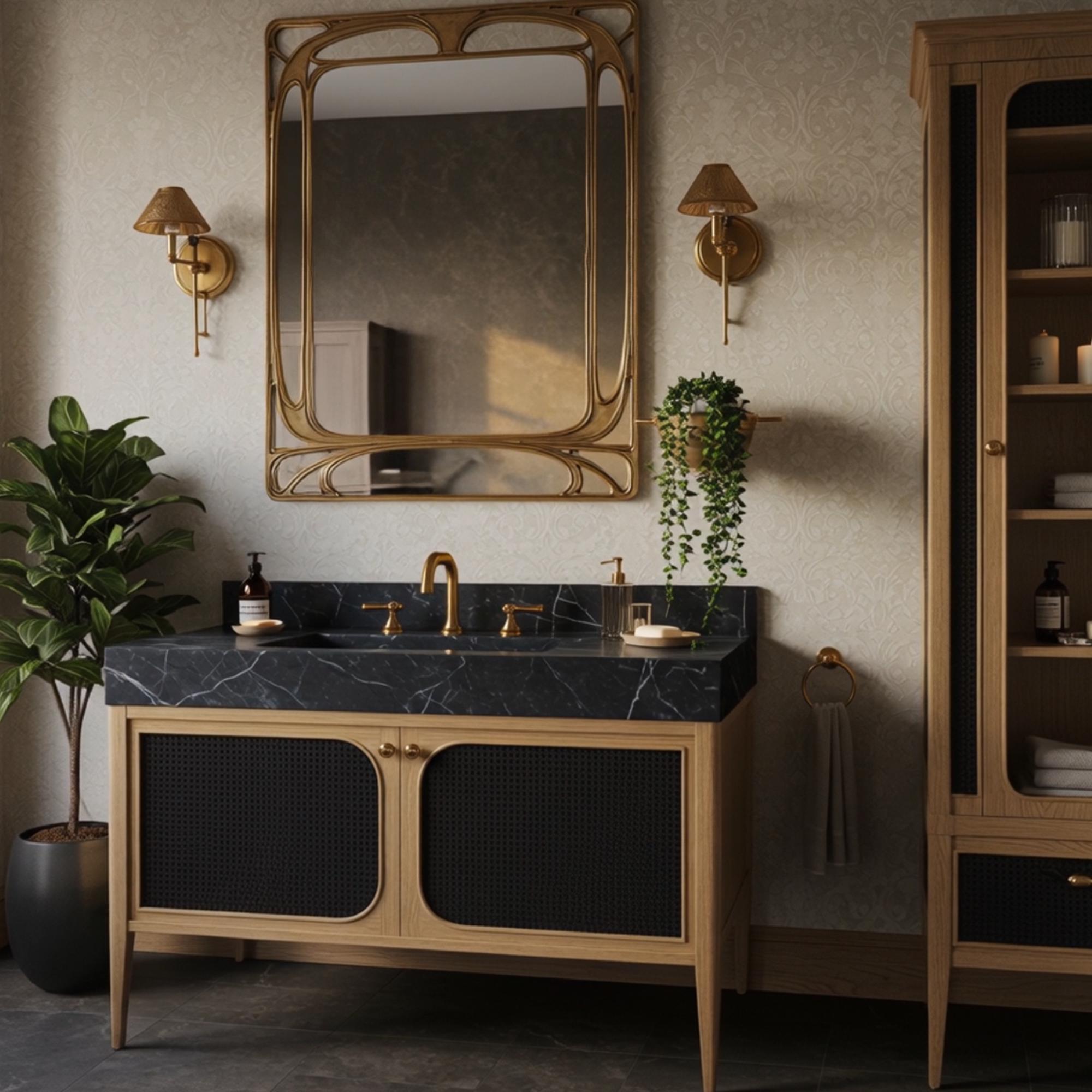 This designer bathroom vanity features a black marble basin paired with natural wood and dark woven cabinet fronts.