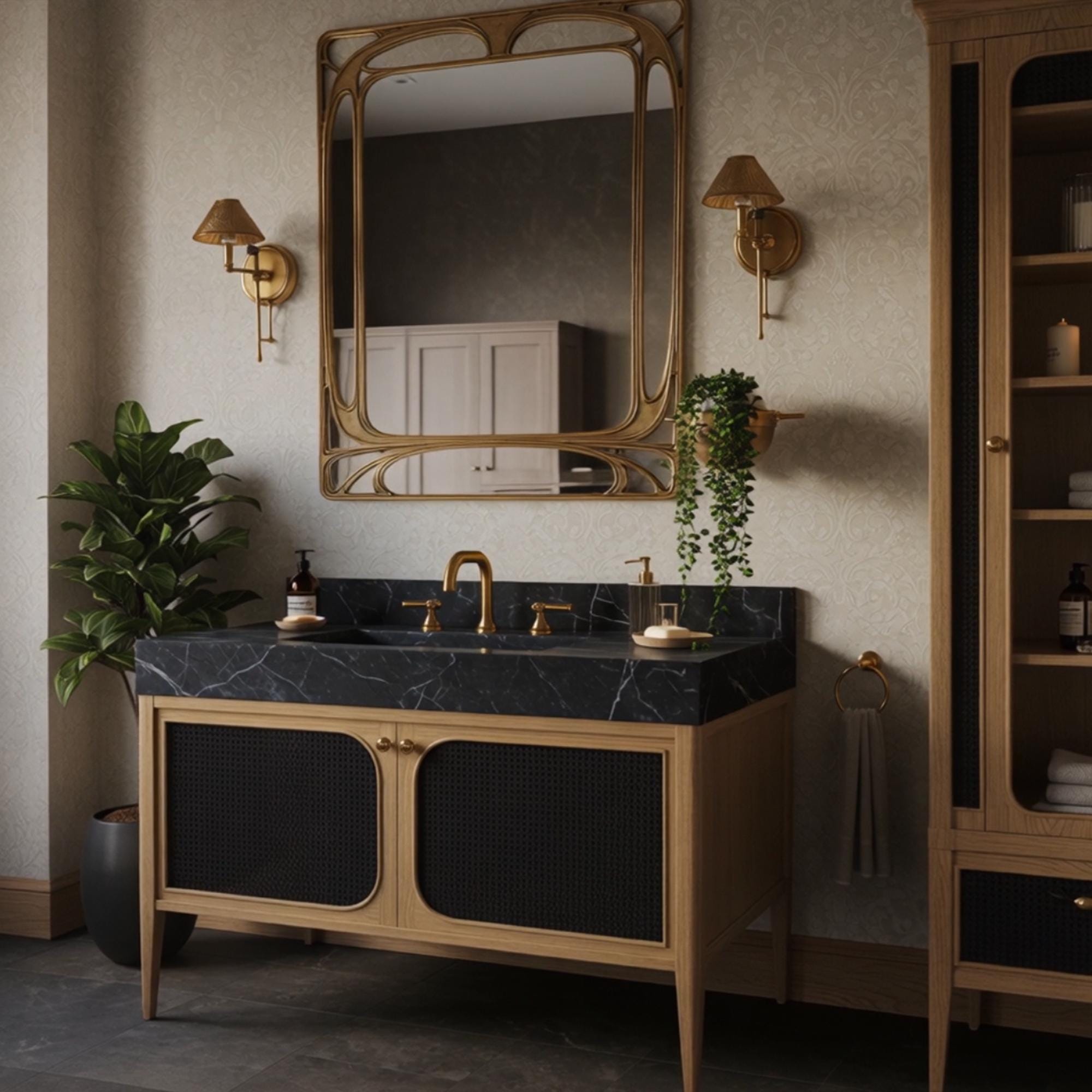 The deep-veined marble sink sits atop a warm wooden cabinet, creating a striking focal point in the bathroom.