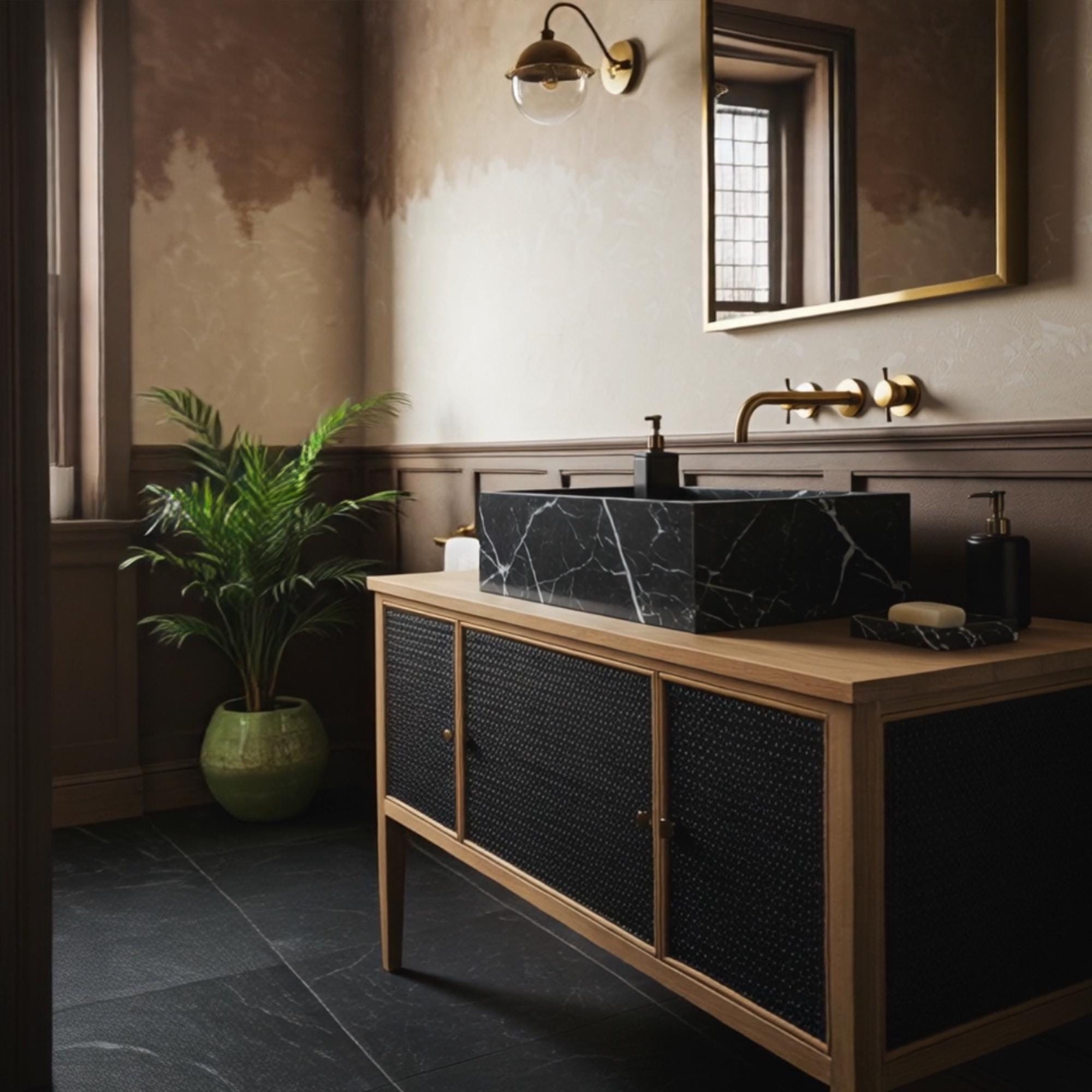 Elegant dark marble sink with textured cabinet