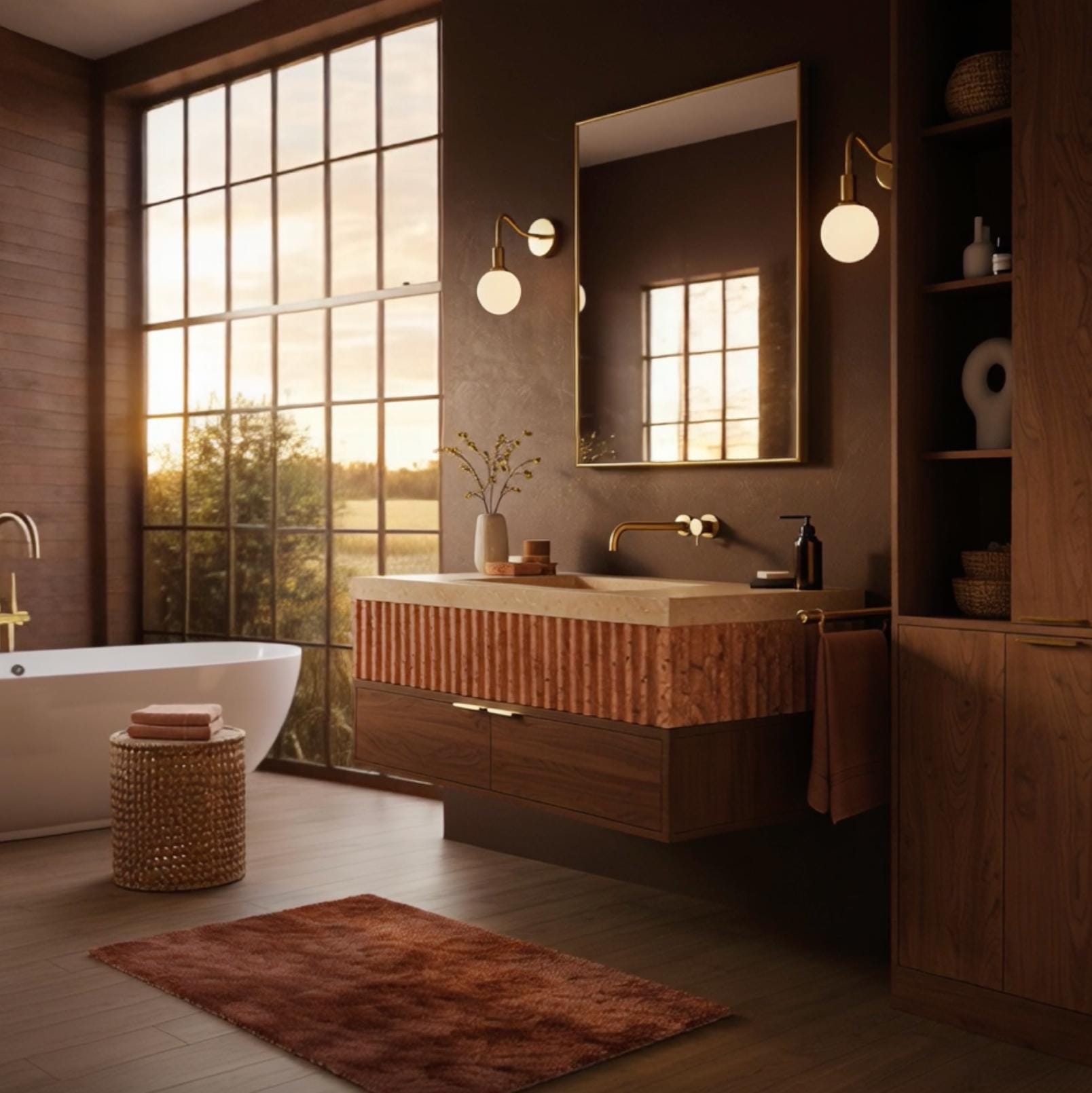 Designer pink marble bathroom sink with ribbed texture and wall installation