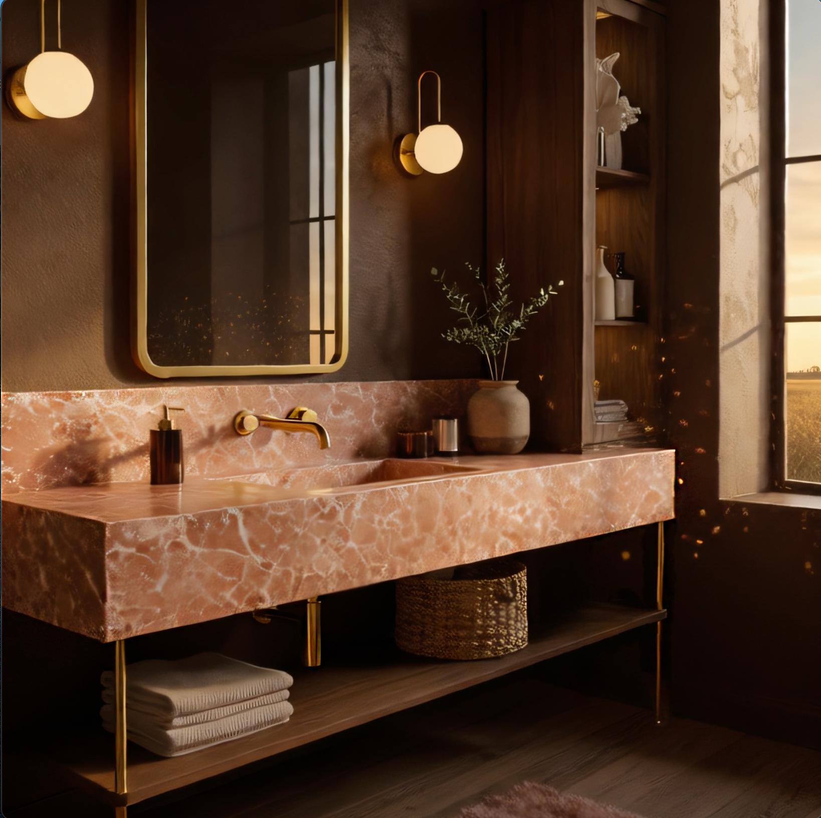 The marble sink floats above wooden storage, blending natural elegance and contemporary form.