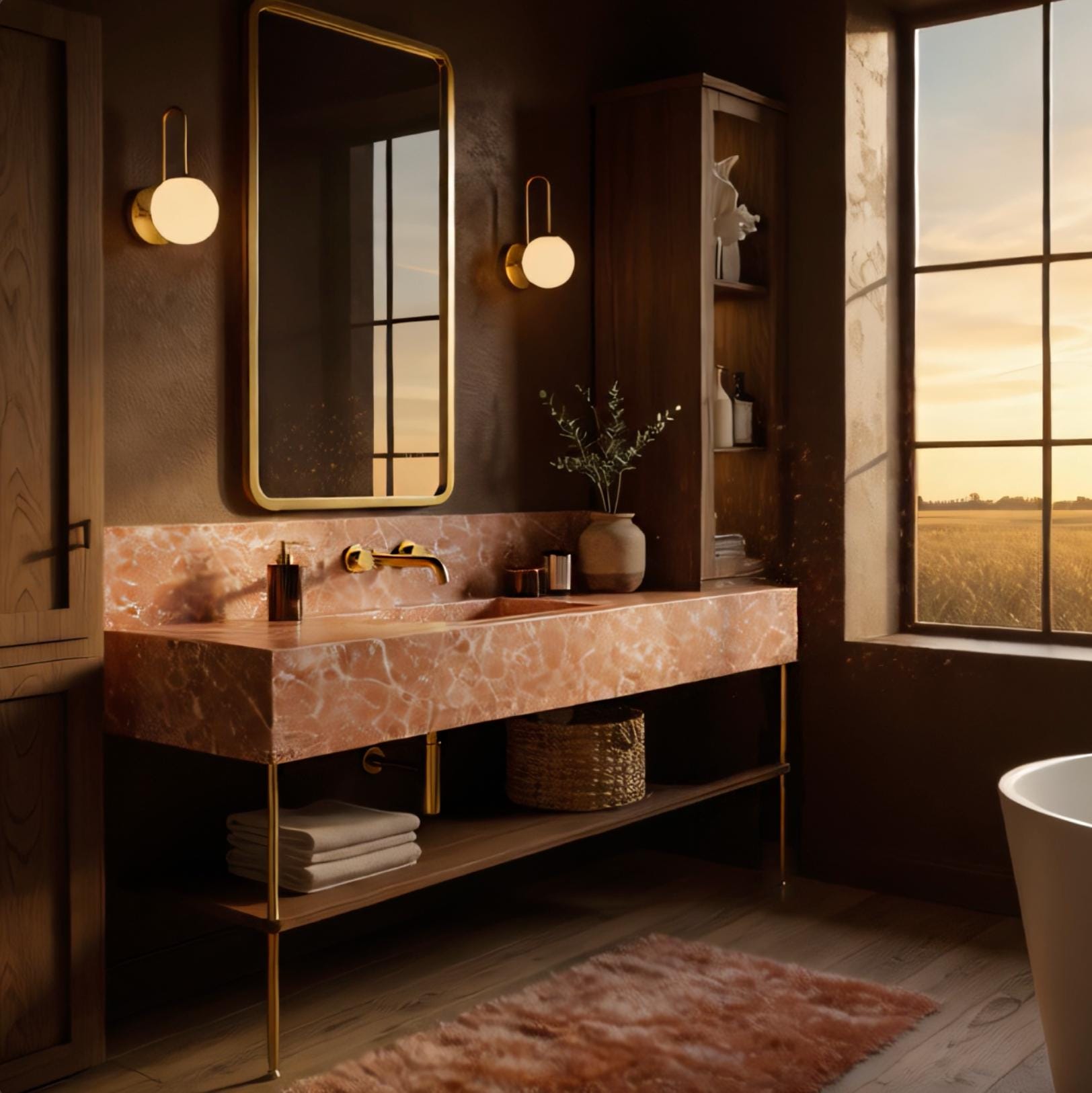 A soft-toned luxury vanity made from Rosé marble, designed for upscale modern interiors.