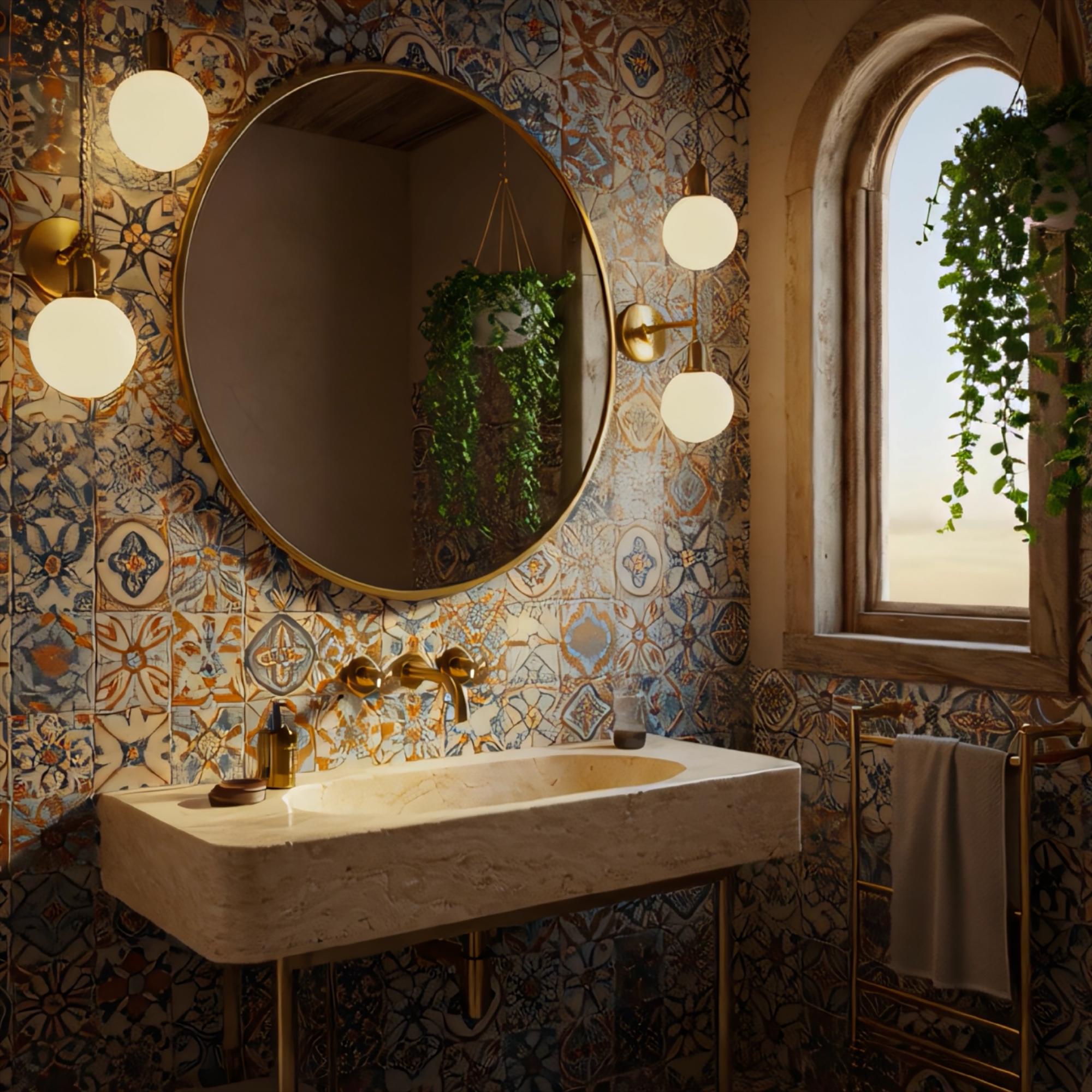 Wall-mounted rustic stone sink with gold accents and handmade Mediterranean charm.