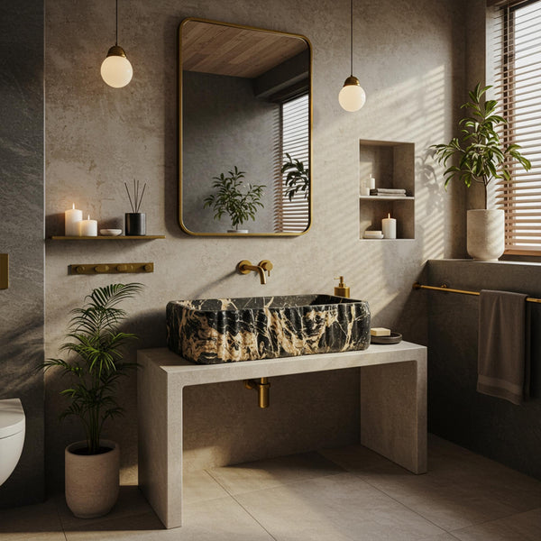 Picasso Marble Vessel Sink with Minimalist Stone Console M2S63