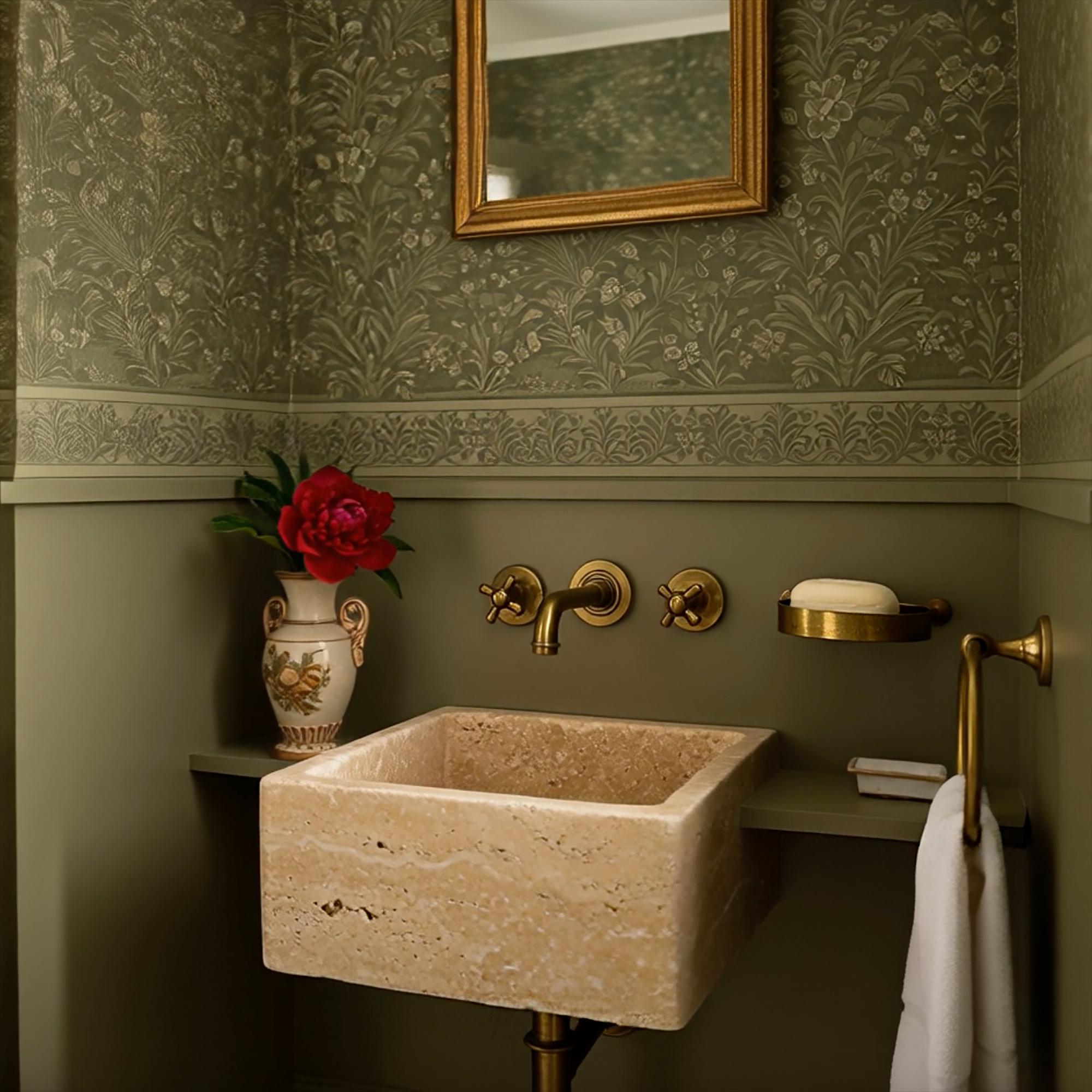 A luxury bathroom design combining natural stone with vintage brass details.