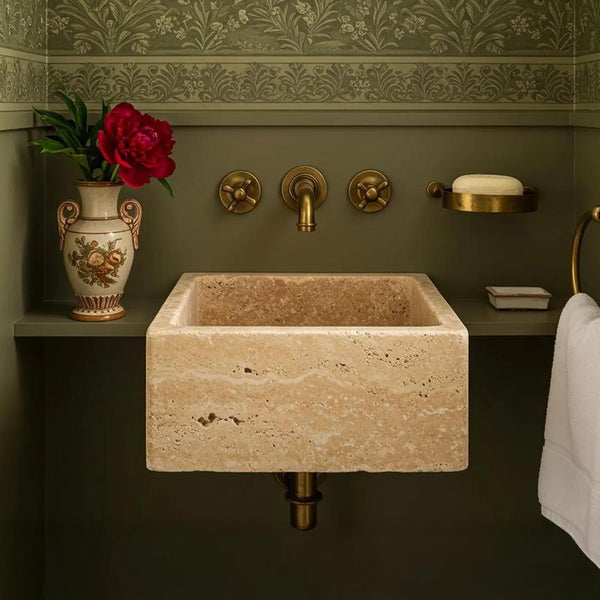 Rectangular Travertine Sink with Brass Wall-Mount Design M2S020