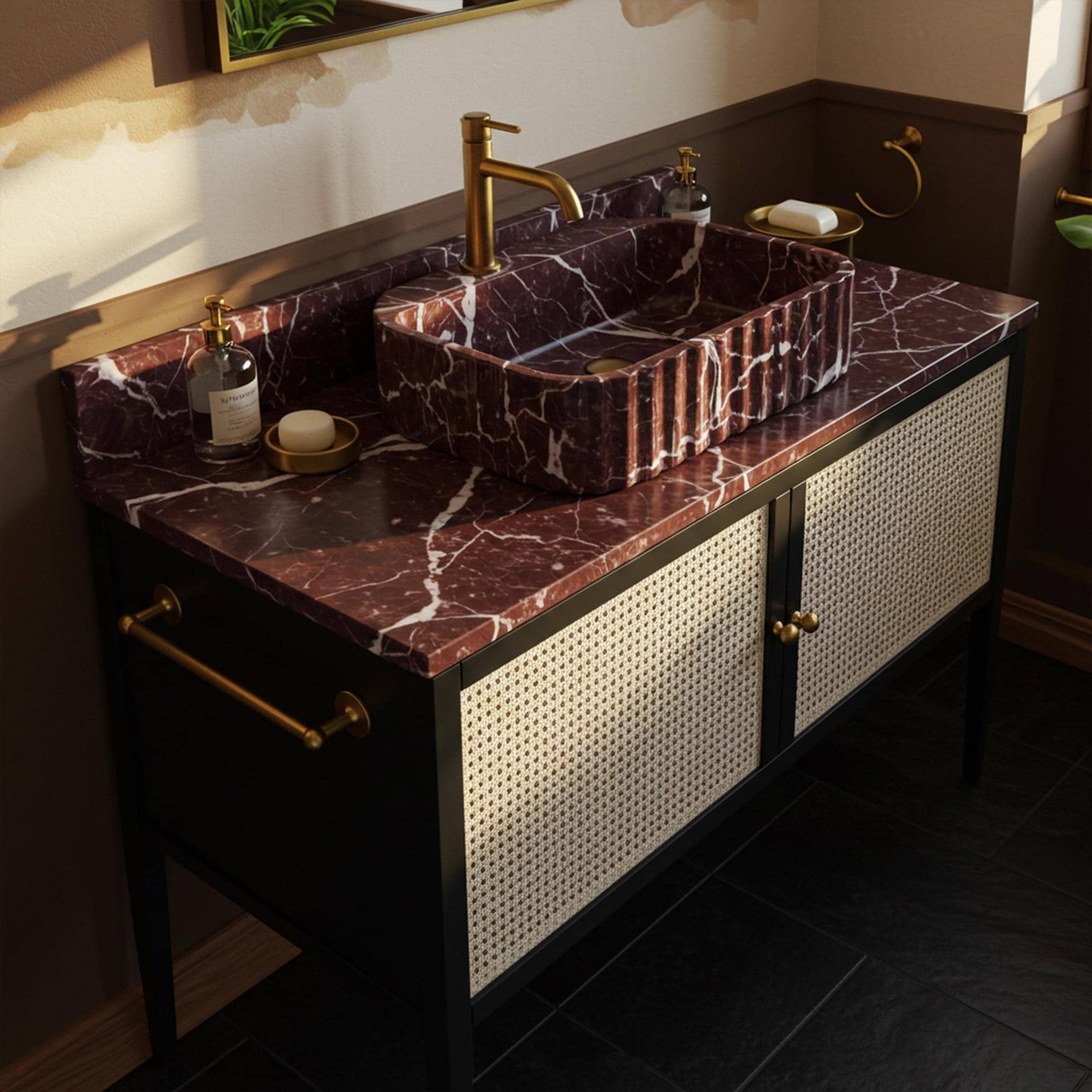Red fluted marble sink with integrated marble countertop