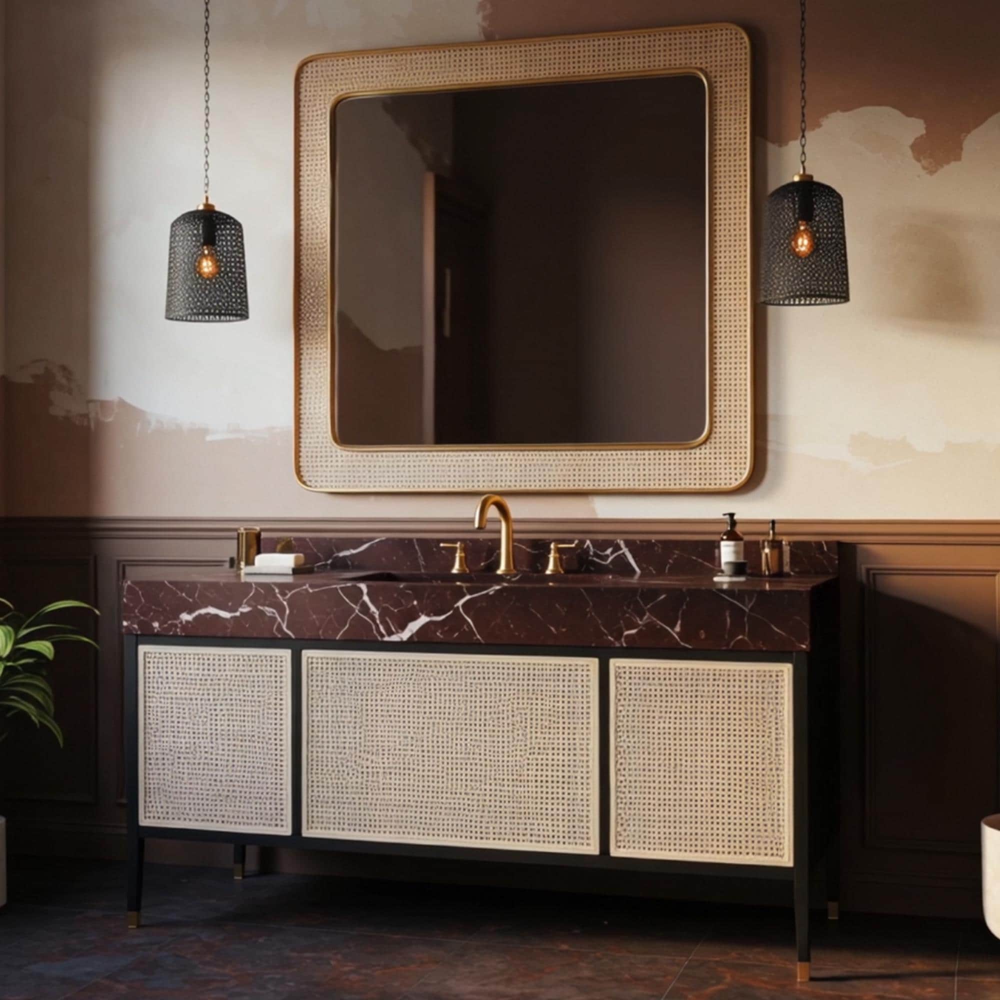The deep burgundy marble sink contrasts beautifully with the light-toned textured doors below.