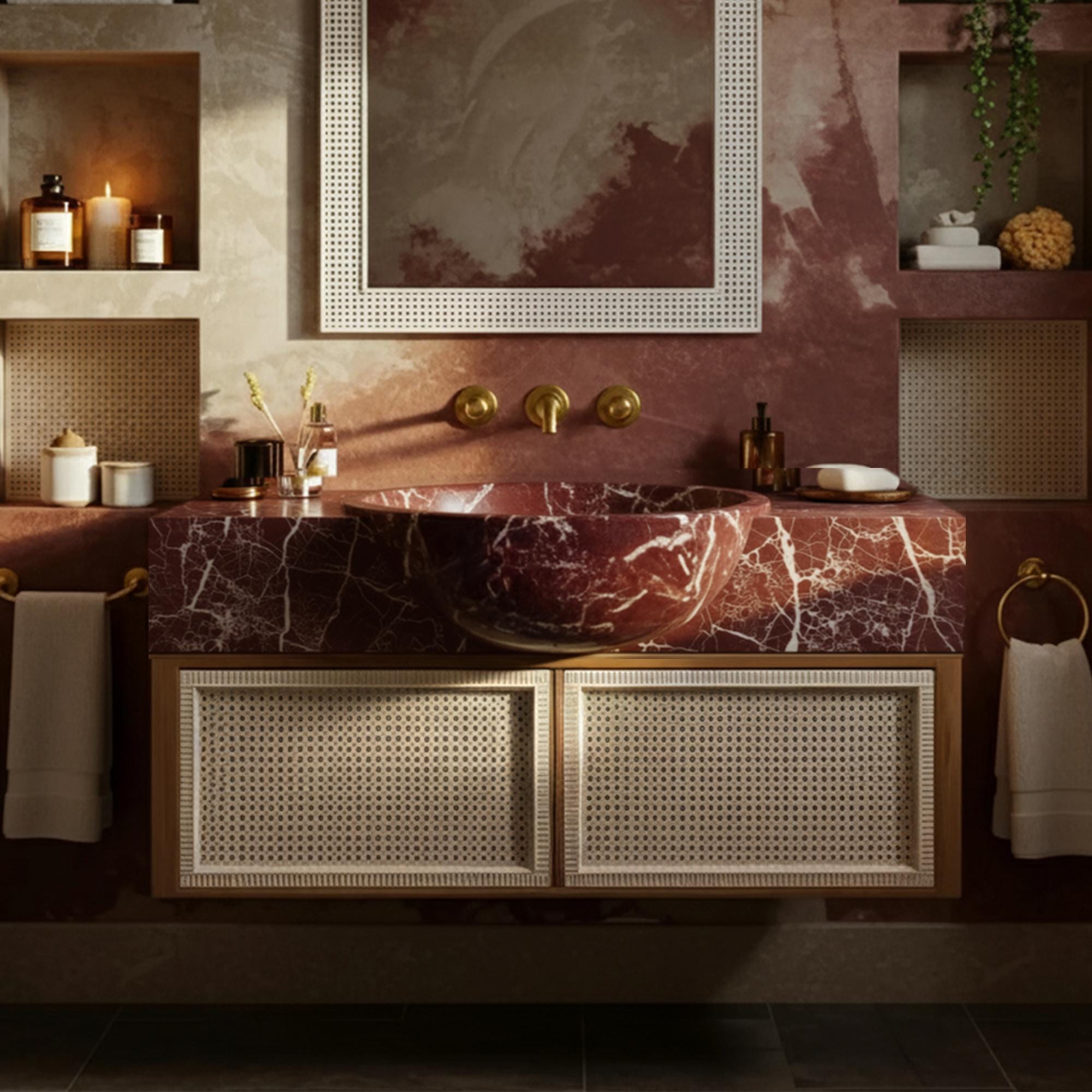Rosso Levanto red marble sink with white veining atop cane wood vanity cabinet