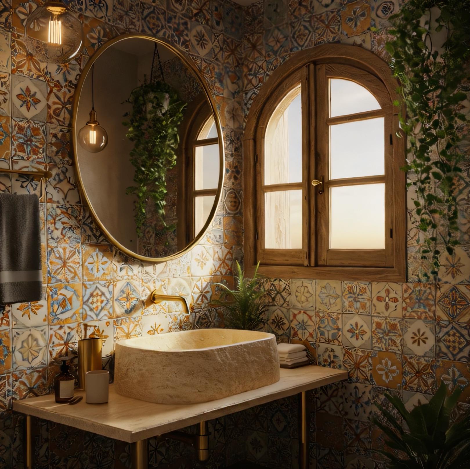 The pairing of golden fixtures and natural travertine creates a refined yet rustic atmosphere.