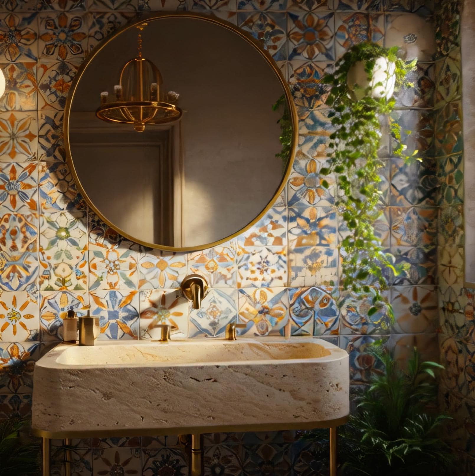 Warm lighting accentuates the earthy tones of this natural stone vanity and brass fixtures.
