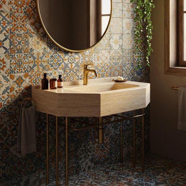 Rustic Travertine Sink - Handcrafted Stone Vanity with Antique Brass Base M2M71